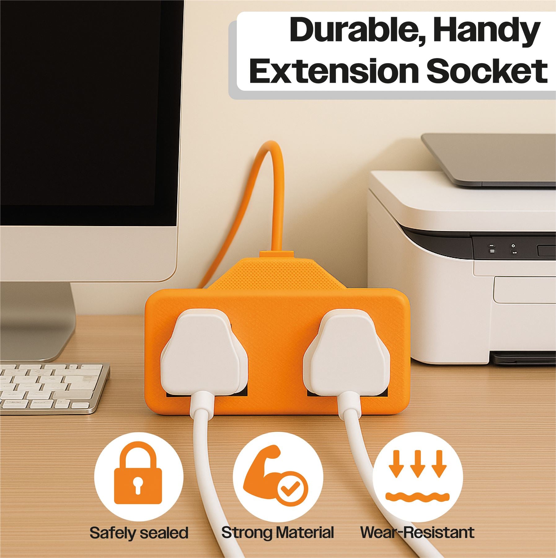 2 Gang High Impact Trailing Mains Powet Extension Socket, 13A - Orange