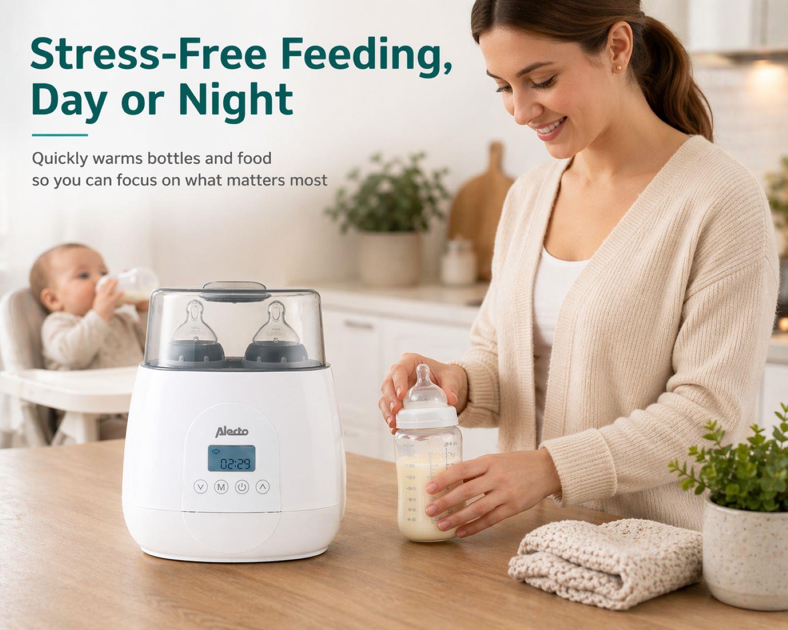 Alecto 2 Bottle Warmer, Baby Double Bottle Sterilizer with Digital Display and Temperature Control in Minutes, Portable Mam Bottle Warmer for Breastmilk, Food, Formula for Travel and Home Use