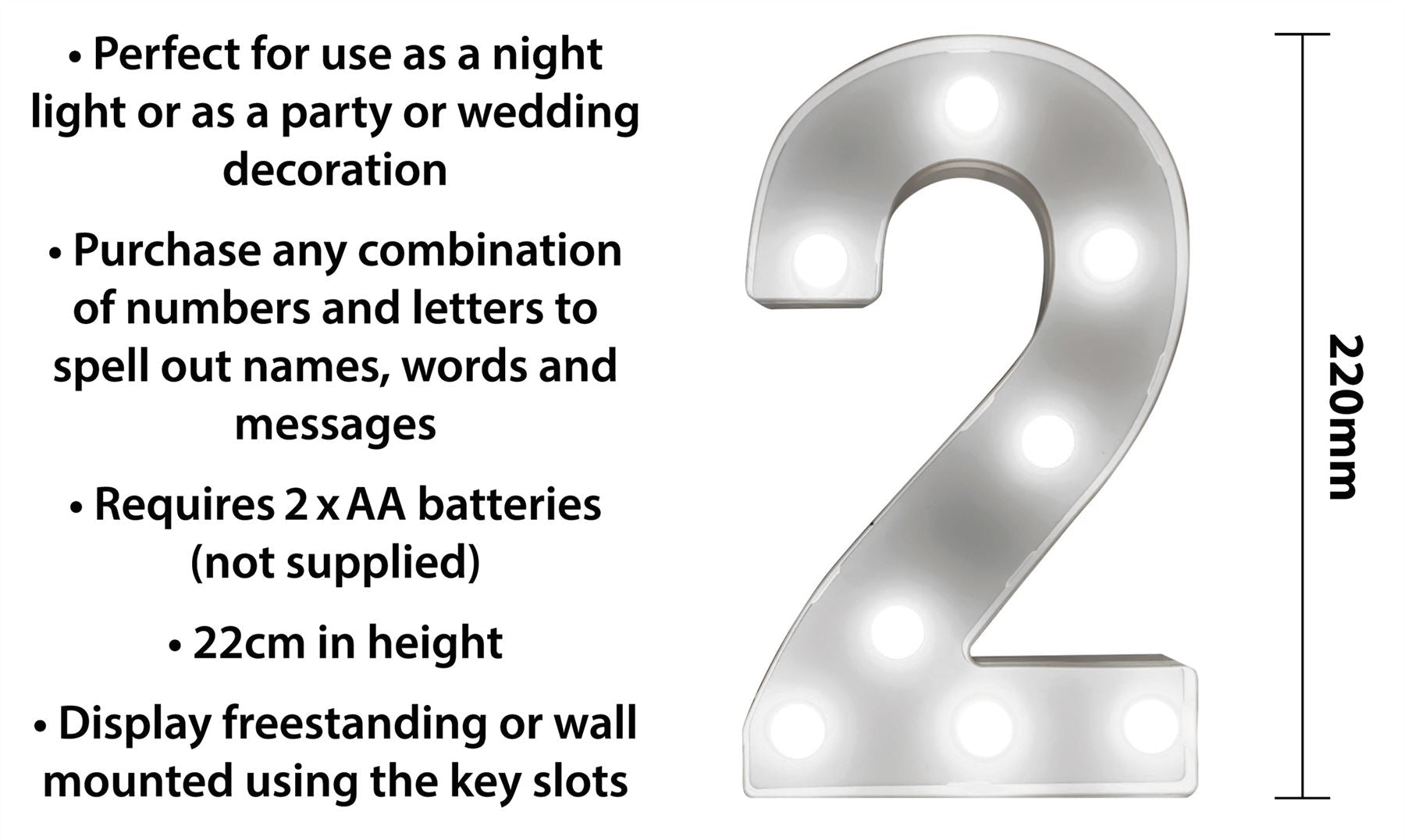 "2" Light Up 3D LED 22cm Numbers Party Birthday Wedding Battery Operated