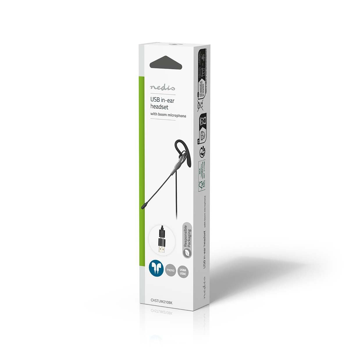 Nedis PC Headset | In-Ear | Mono | USB Type-A / USB Type-C™ | Fold-Away Microphone | Black / Grey