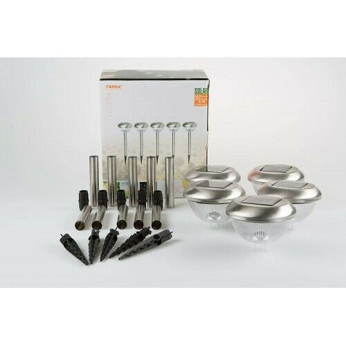 Ranex LED Solar Garden Lights with Pins IP44 Brushed Stainless Steel - 5 Pack