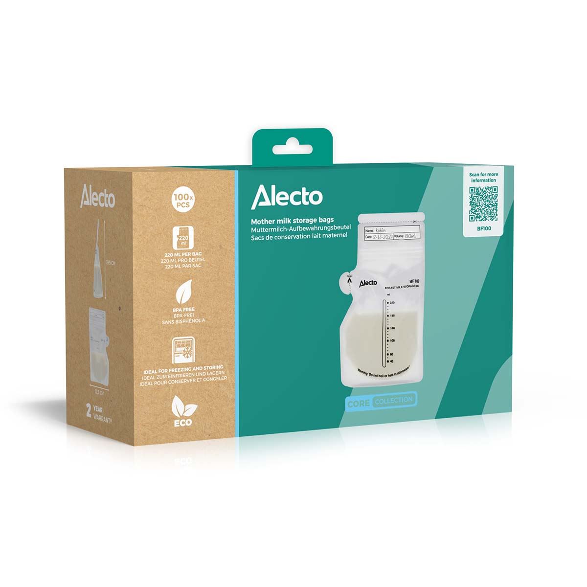 Alecto Breast Milk Storage Bag, 250ml No Leak Milk Storage Bags, Store Flat or Standing, Pre-sterilised, BPA Free Breastmilk Storage Bag with Pour Spout for Freezer