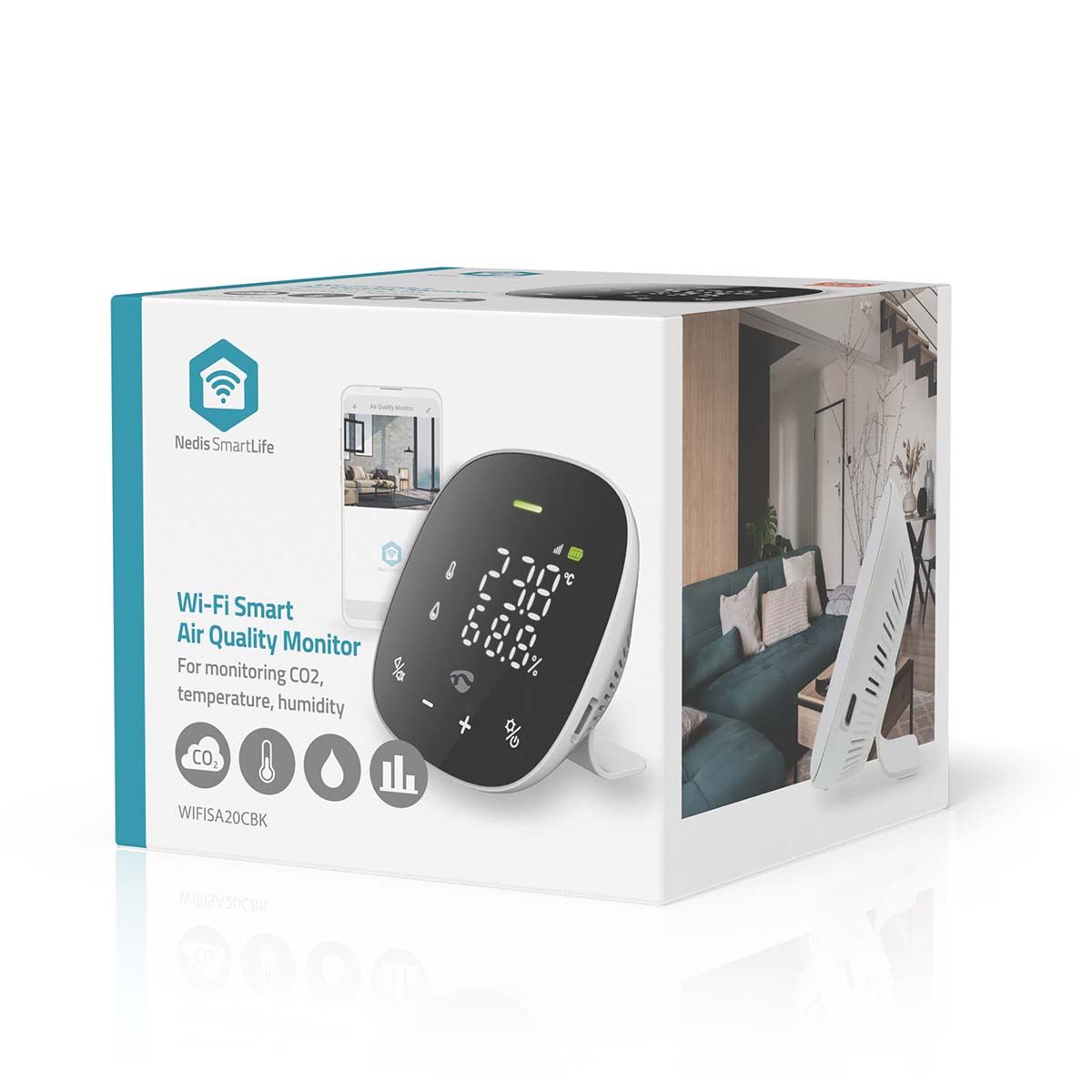 Nedis Smart Air Quality Monitor, Wi-Fi CO2 Sensor with LED Display, Temperature & Humidity Alerts, App-Controlled, Audible & Visual Alarms, NDIR Sensor, Rechargeable Backup Battery - Black/White