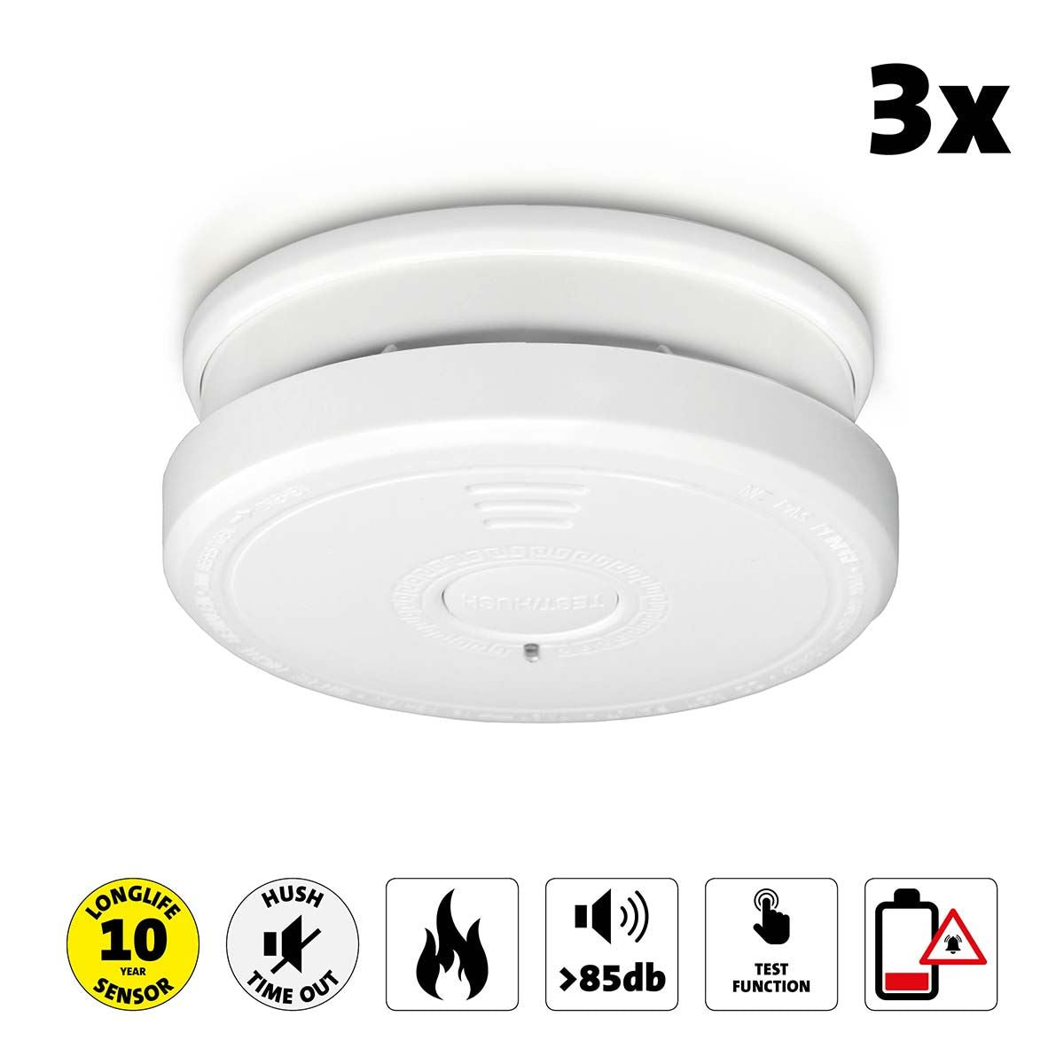 Alecto SA20 Smoke detector with Hush Button | >85 dB | Battery Included | EN14604:2005/AC:2008 | White |3 Pack