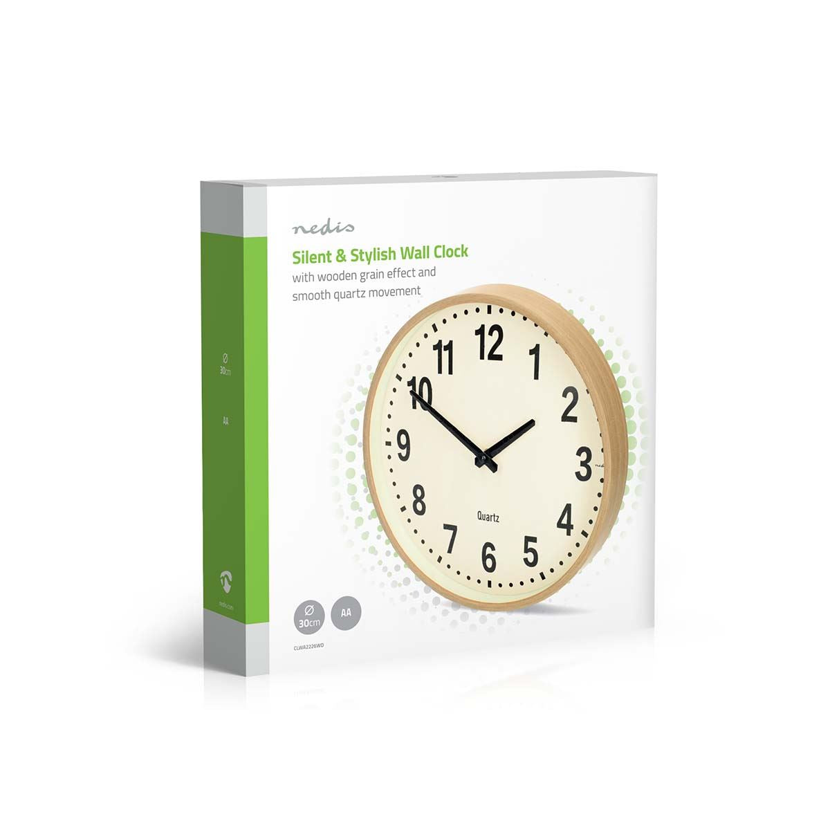 Nedis 30cm Wall Clock with Easy Read Numbers, Battery Powered - Light Wood