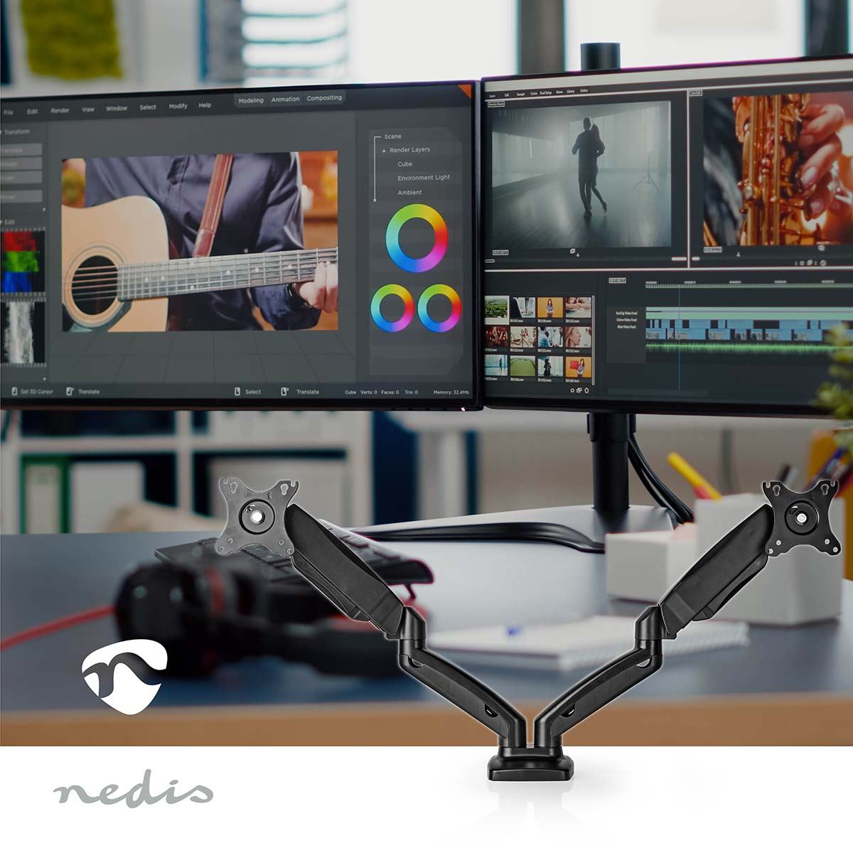 Nedis Desk Monitor Mount | Gas Spring | 2 Screens | 15 - 32 " | 75x75 / 100x100 | Full Motion