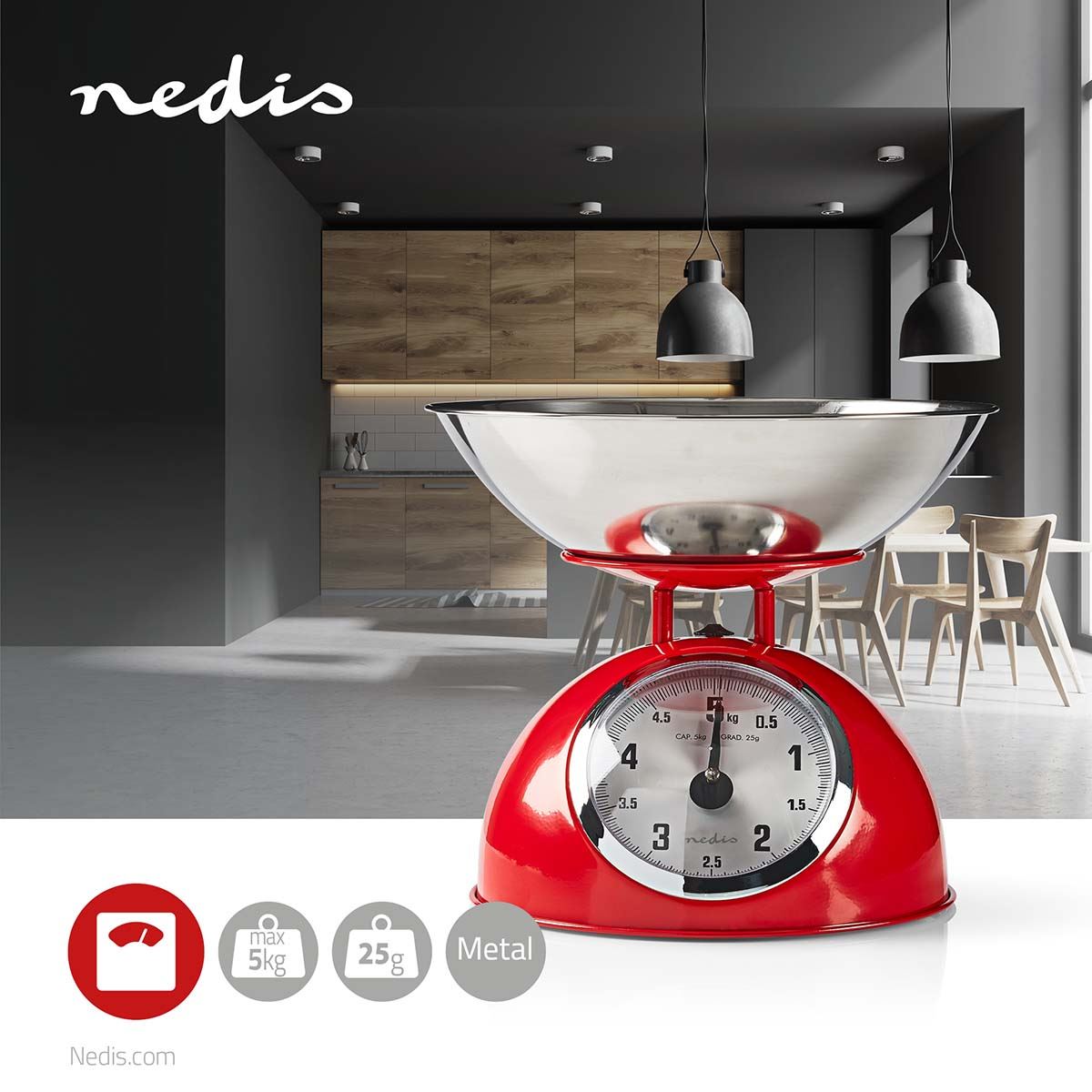 Nedis Retro Traditional Vintage Metal Mechanical Weight Baking 5kg Kitchen Scale Red