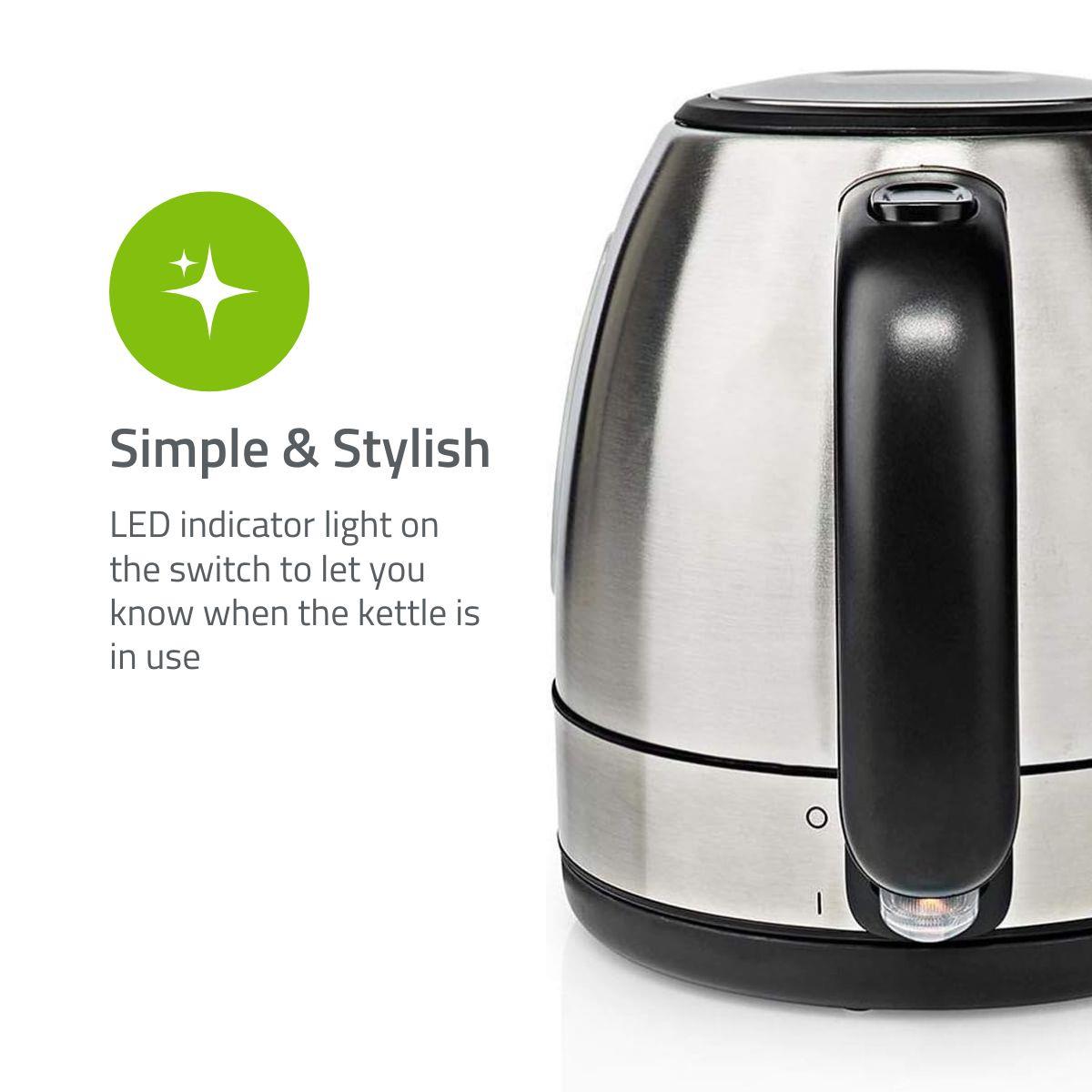 Nedis Electric Kettle, 1.0L Capacity with Quick Boil Time, Boil-Dry Protection and Removable Filter for Fresher Water, 2150W - Silver