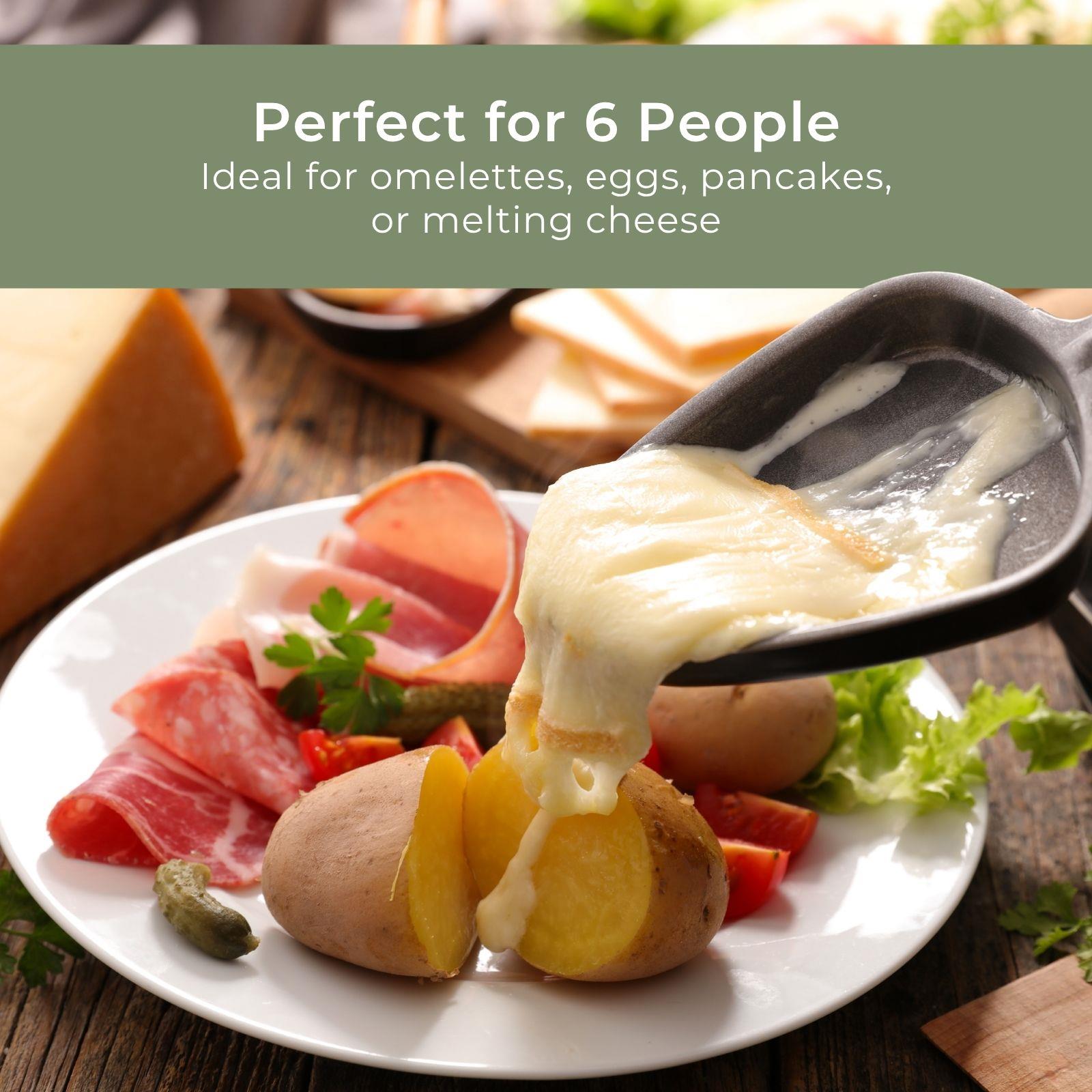 MELISSA Electric Raclette Gourmet Grill, 6 Person Indoor Non-Stick Tabletop Cooker, Removable Round Hot Plate, with 6 x Mini Cheese Pans & Spatulas, 800W