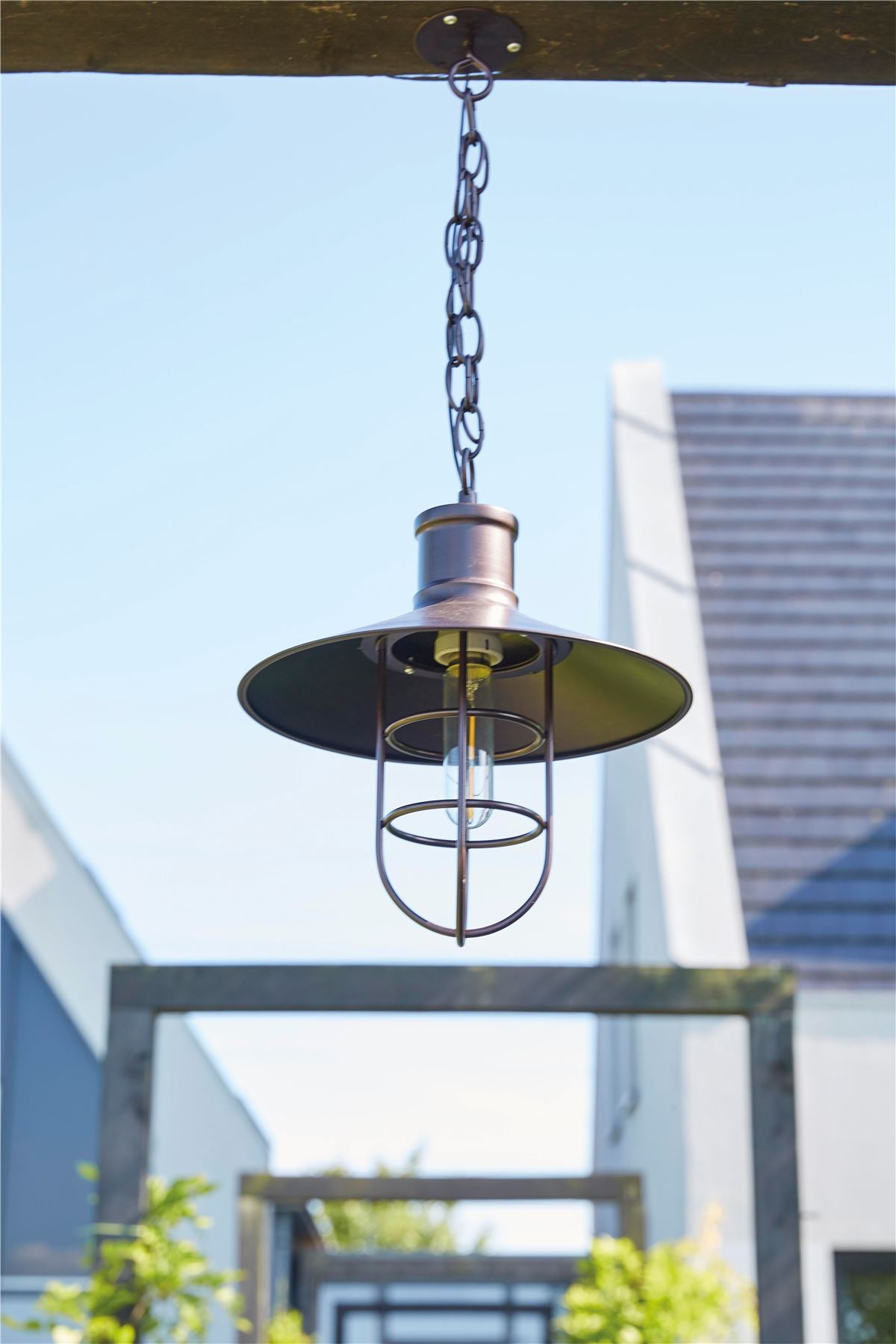 Solar LED Industrial Style Hanging Porch Light Outdoor Chain Lantern Bronze