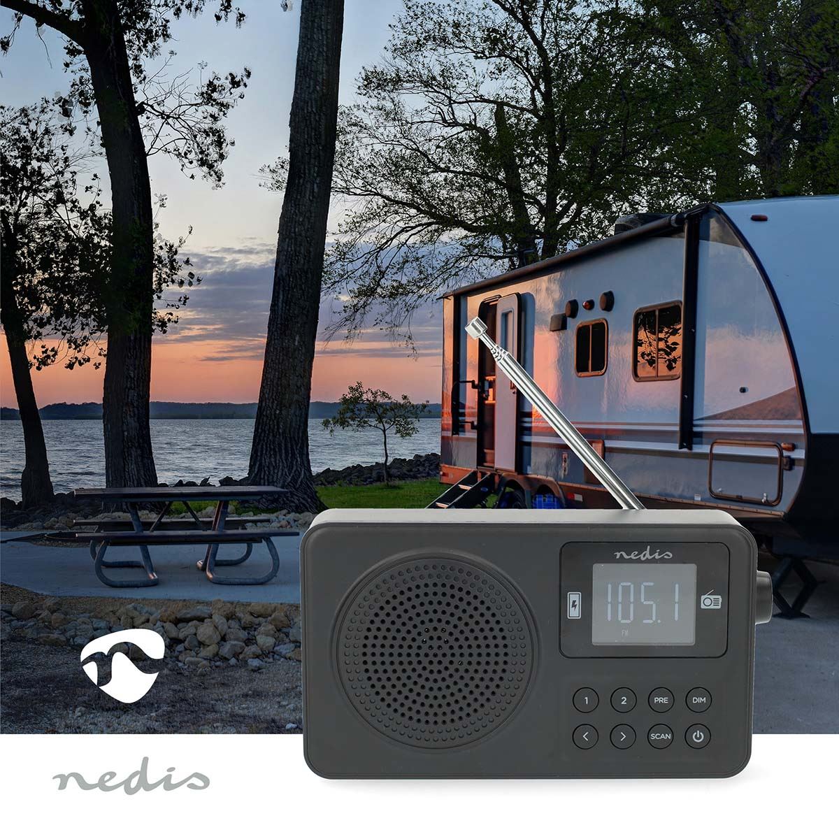 Nedis FM Radio | Portable Design | FM | Accu Powered / USB Powered | Digital | 2 W | Screen size: 1.77 " | Black White Screen | Bluetooth® | Headphone output | Alarm clock | Black