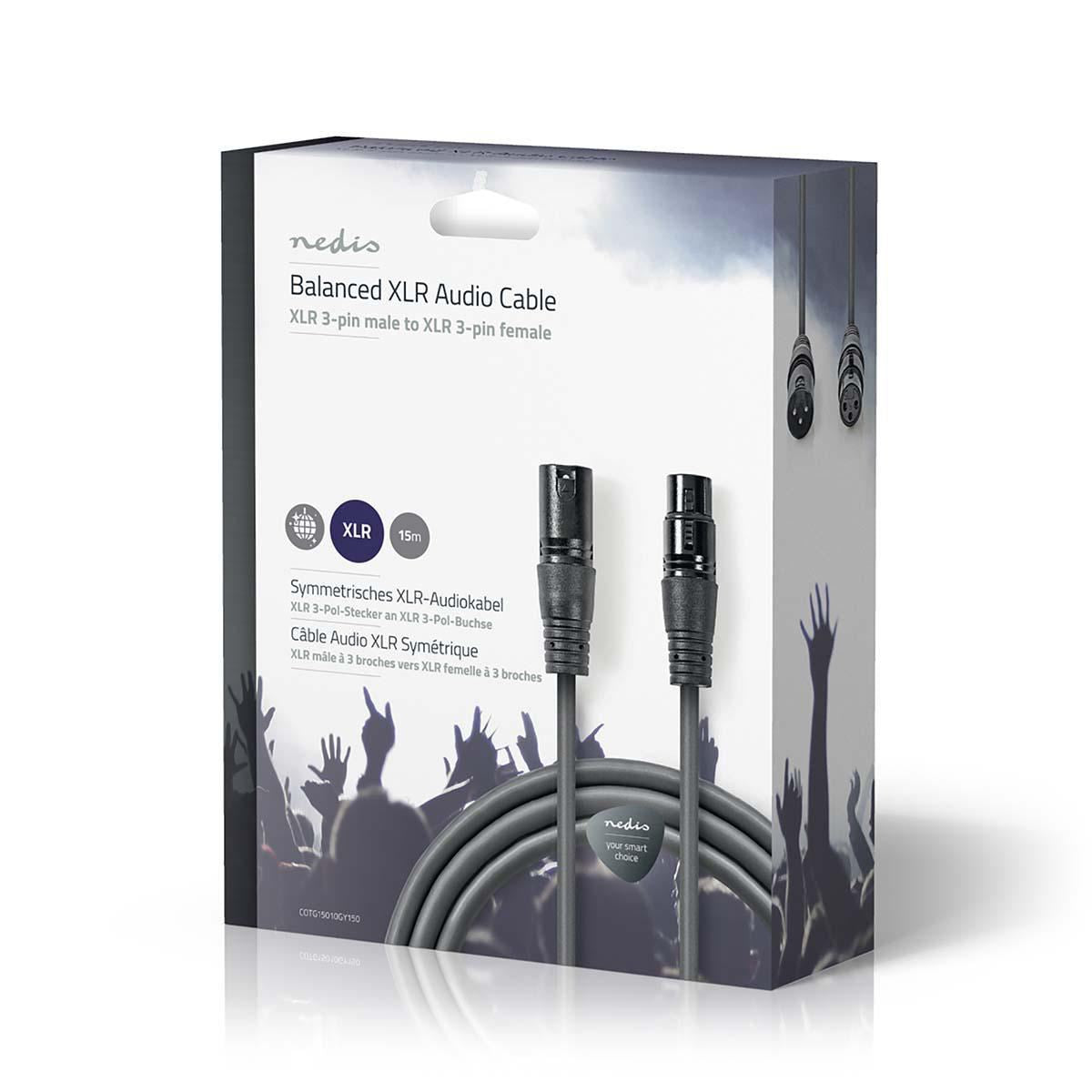 Nedis Balanced Audio Cable | XLR 3-Pin Male | XLR 3-Pin Female | Nickel Plated | 15.0 m | Round | PVC | Dark Grey | Gift Box