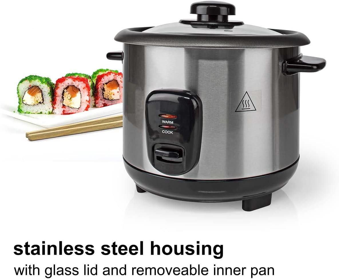 Nedis Rice Cooker, 1.5L, 500W, Cooks Up to 5 Portions, Non-Stick Removable Bowl, Auto Shut-Off & Keep Warm Function, Easy Family Meals, Stainless Steel � Silver