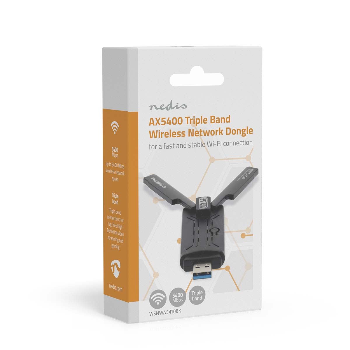 Nedis Network Dongle | Wi-Fi | AX5400 | 2.4/5/6 GHz (Triple Band) | USB3.0 | Wi-Fi speed total: 5400 Mbps | Windows 10 / Windows 11