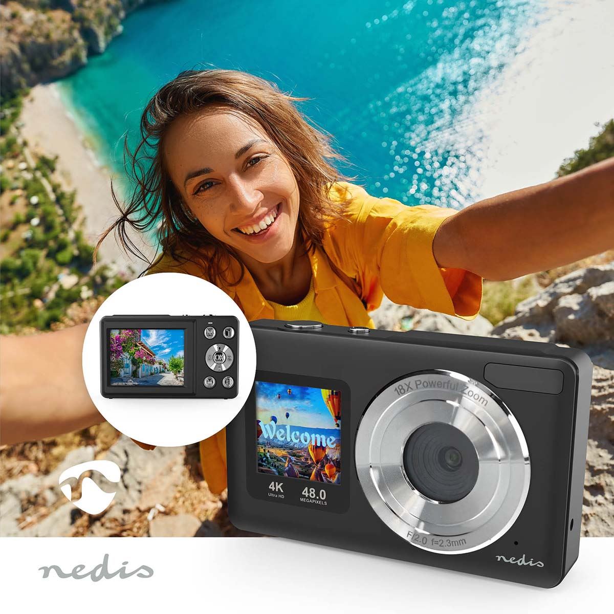 Nedis 48MP 4K Digital Photo / Video Camera Dual Screen 30FPS Compact - Black