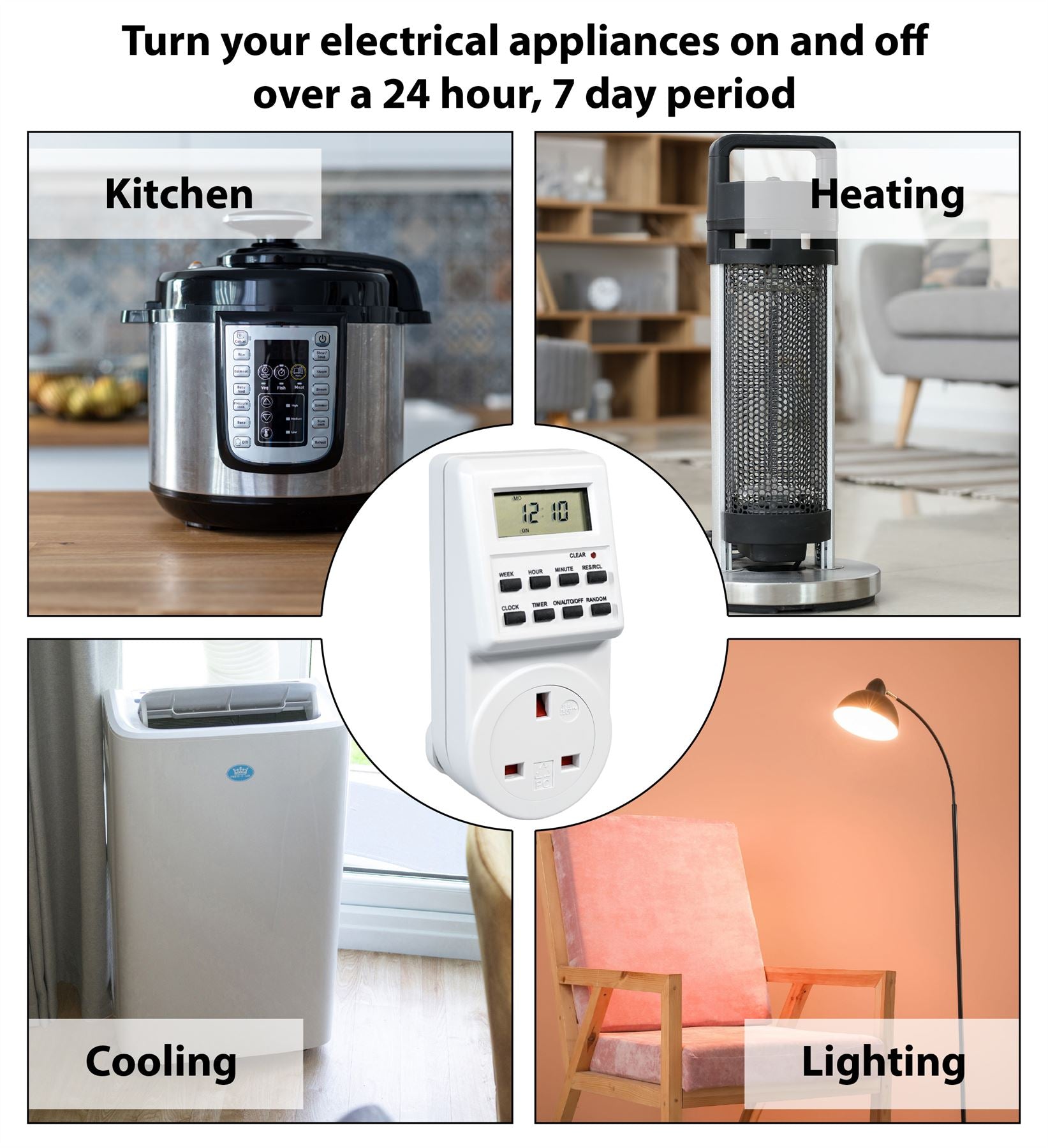 24 Hour 7 Day Energy Saving Plug In Programmable Digital Timer Switch with 10 Programmes 13A 230V