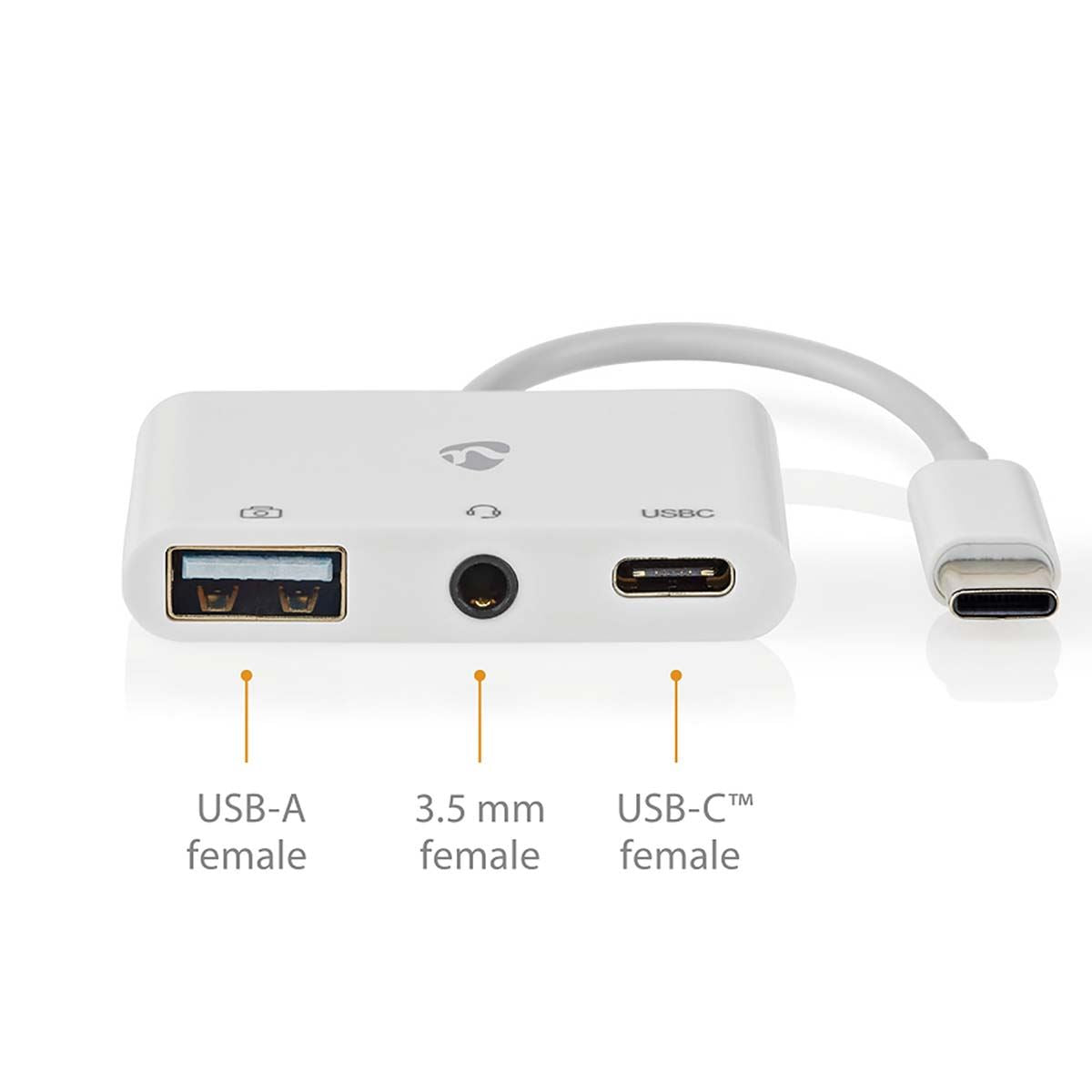 Nedis USB Multi-Port Adapter | 3-in-1 | USB 2.0 | USB-C™ Male | USB-A Female / USB-C™ Female / 3.5 mm Female | 480 Mbps | 0.10 m | Round | Nickel Plated | PVC | White | Box