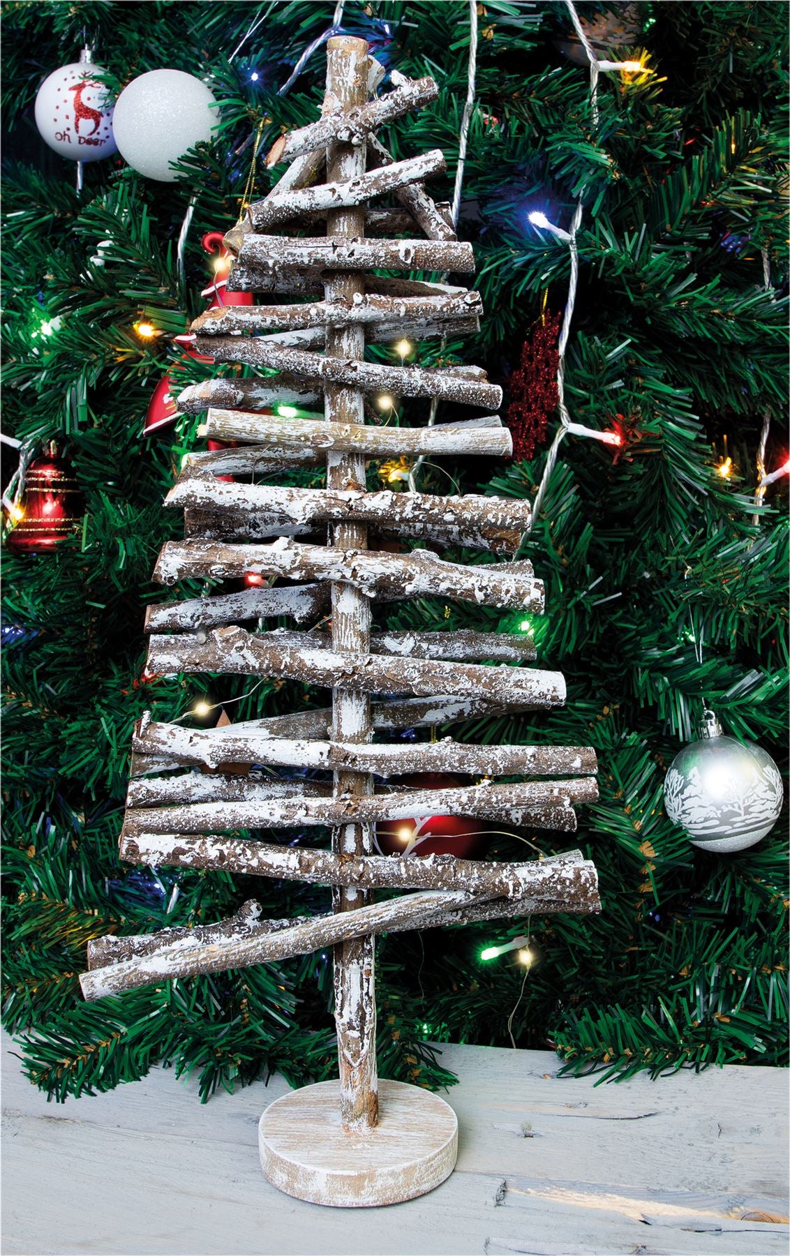Battery Powered Birch Wood Christmas Tree Light Effect with LED String Lights