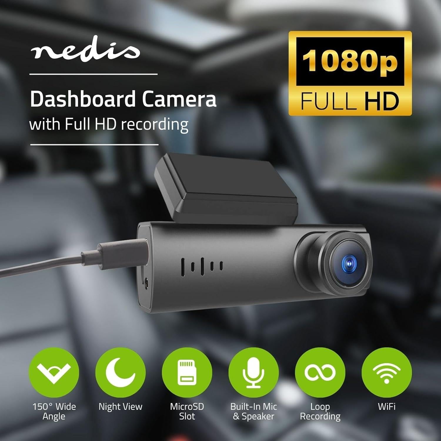 Nedis Dash Cam, Full HD 1080p @30fps, Wi-Fi, Loop Recording, 150 Degree Wide Angle, Photo Mode, Night View, Supports 128GB microSD, USB-C, Built-In Mic & Speaker - Black