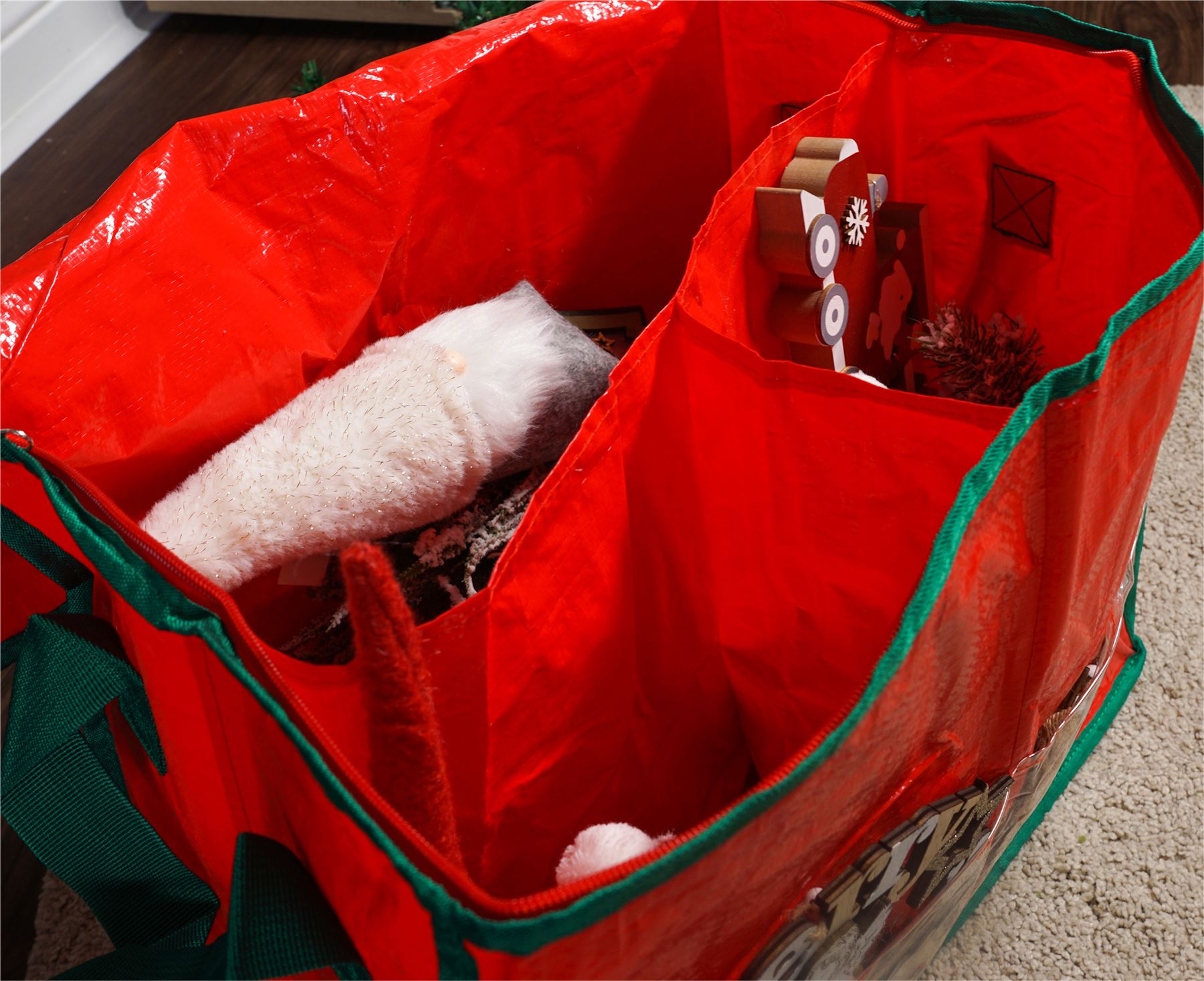 Christmas Storage Bag with Side Pocket and 3 Sections for Xmas Decorations - Red