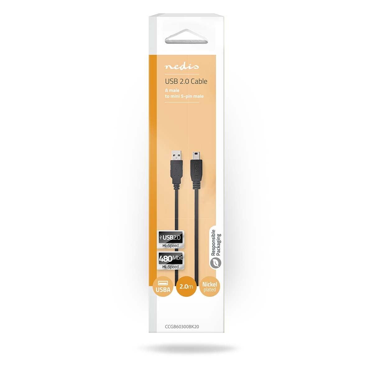 Nedis USB Cable | USB 2.0 | USB-A Male | USB Mini-B 5 pin Male | 480 Mbps | Nickel Plated | 2.00 m | Round | PVC | Black | Box
