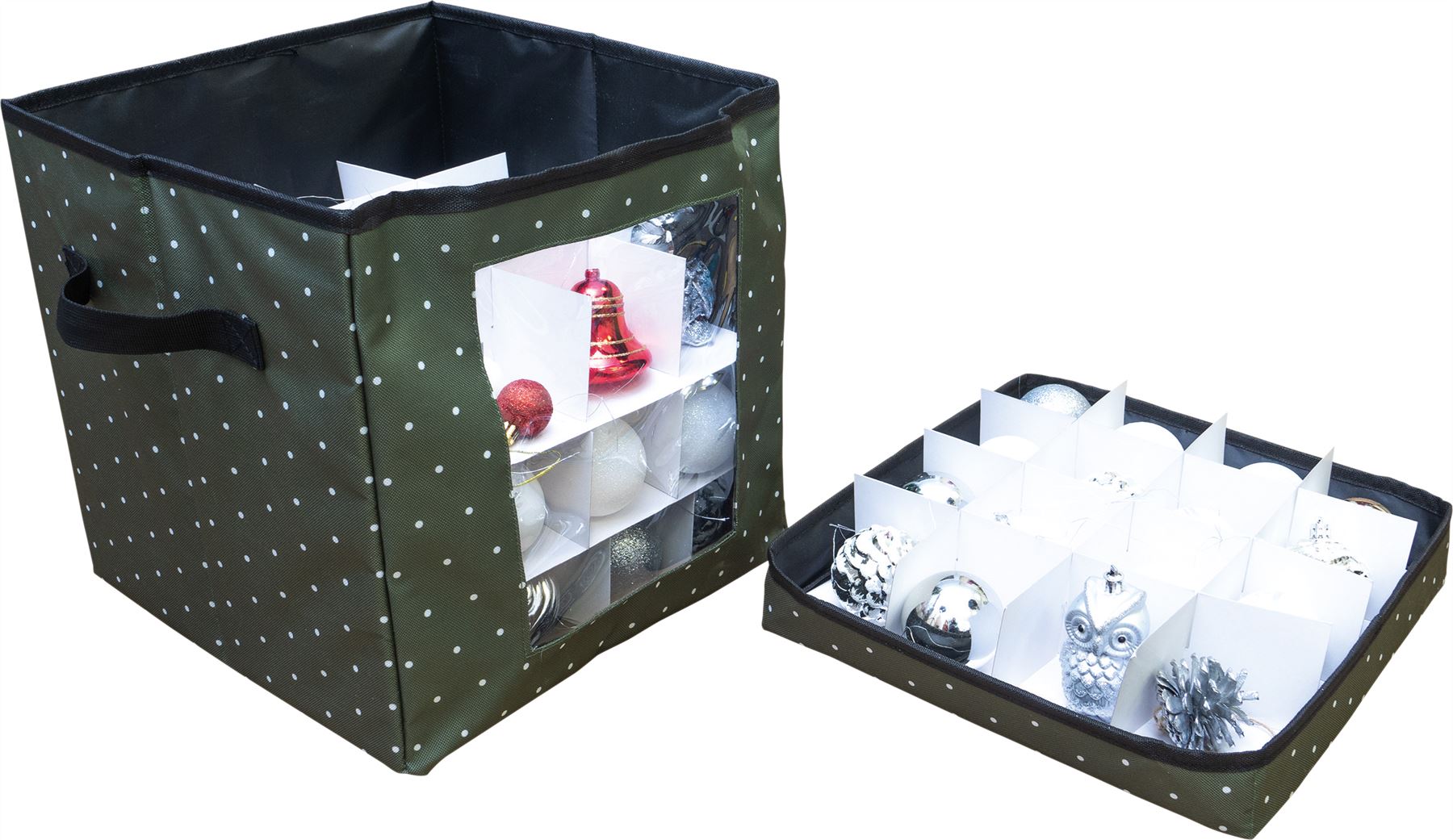 Christmas 64 Compartment Bauble Decoration Storage Box with Zip Closure and Side Handle - Green