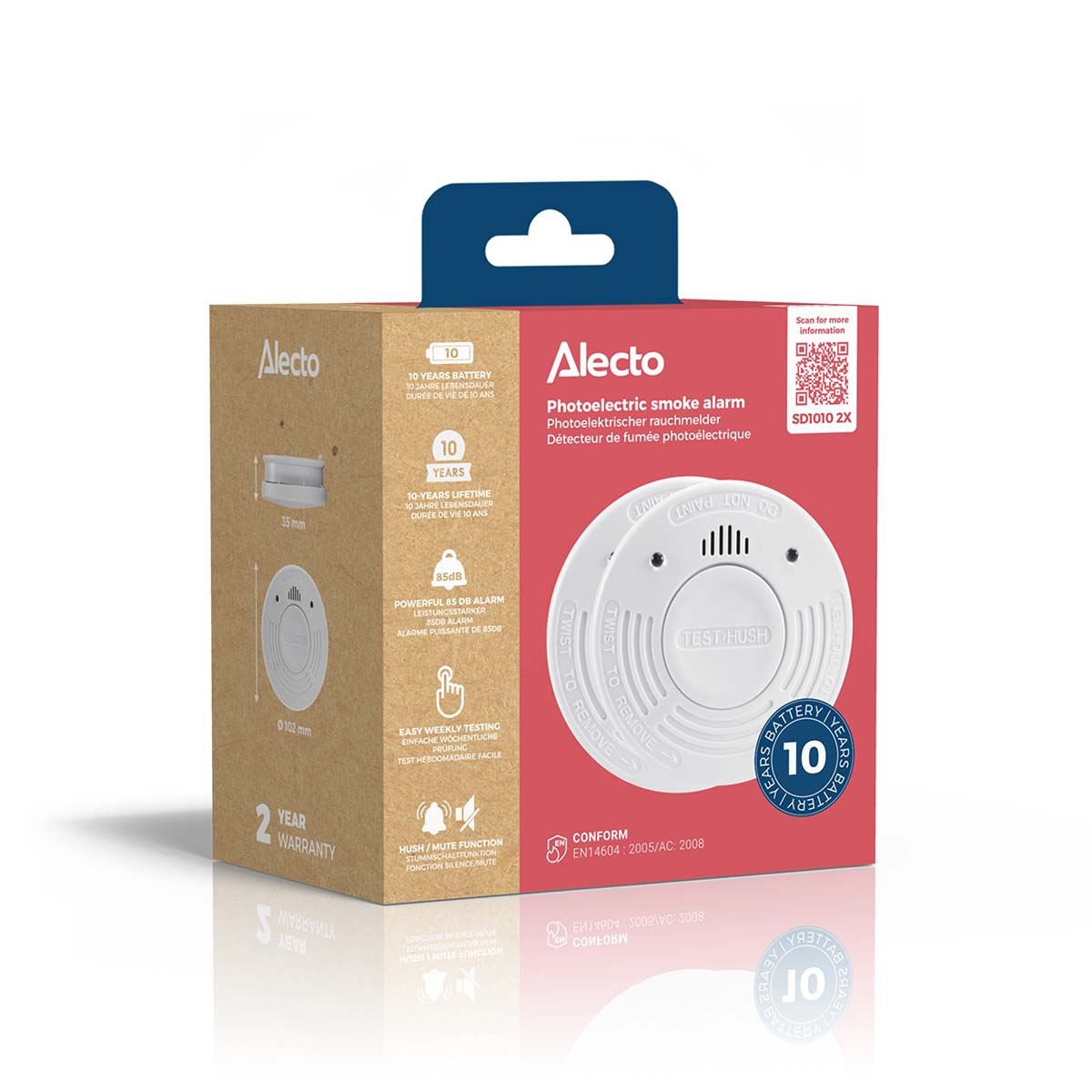 Alecto SA110 Smoke detector with Hush Button | >85 dB | 10 Year Battery Powered | EN14604:2005/AC:2008 | White | 2 Pack