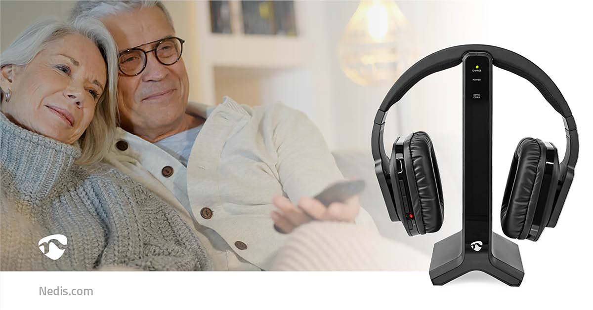 Nedis Wireless RF TV Over-Ear Headphones with Charging Base, 25m Range, Volume Control, Toslink/Coax/RCA/3.5mm Input