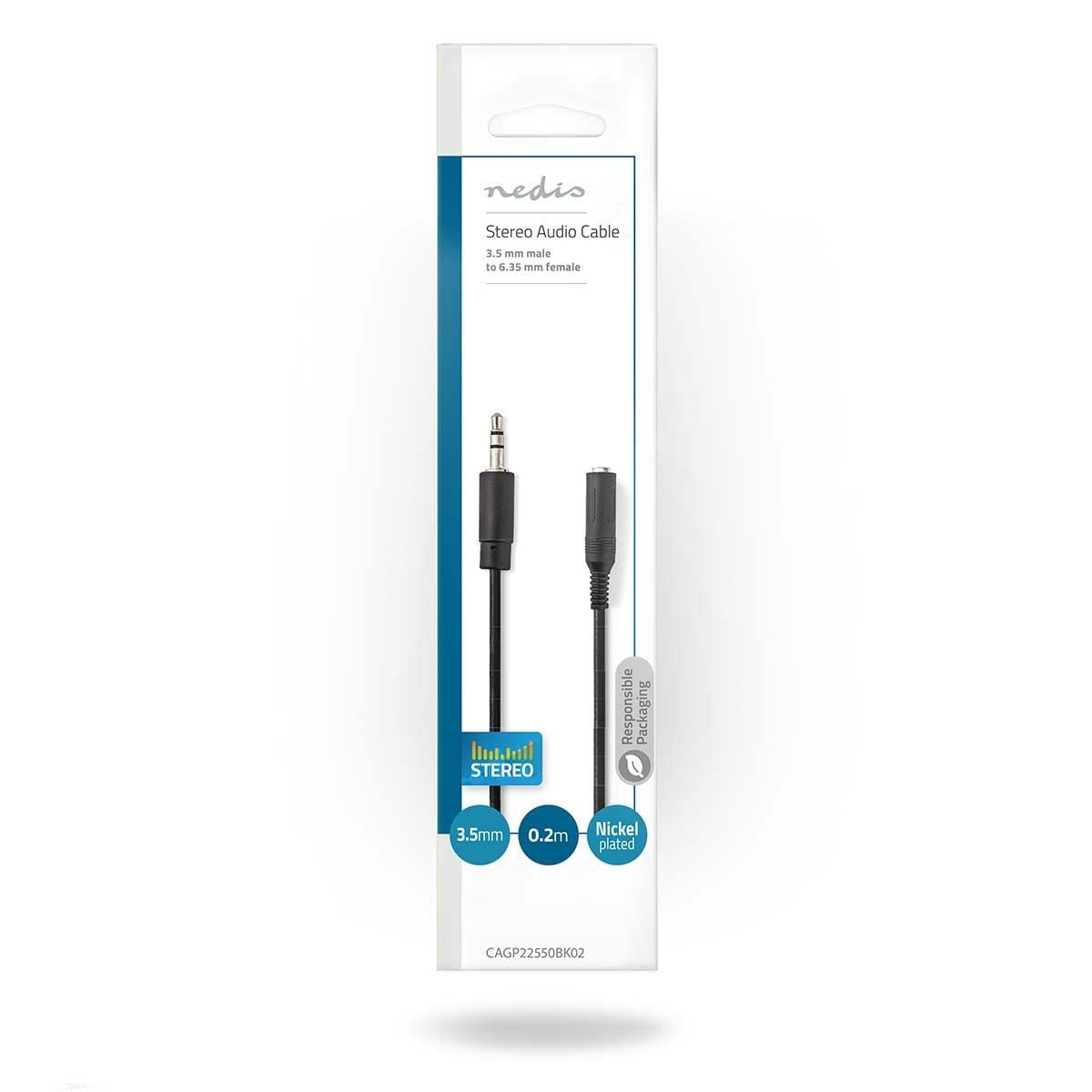 Nedis Stereo Audio Cable | 3.5 mm Male | 6.35 mm Female | Nickel Plated | 0.20 m | Round | Black | Envelope