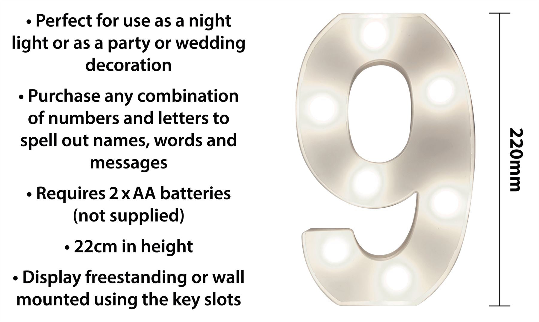 "9" Light Up 3D LED 22cm Numbers Party Birthday Wedding Battery Operated