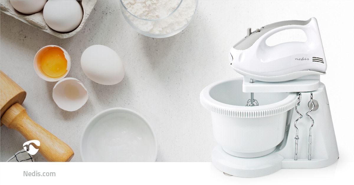 Nedis Electric Hand Mixer, 5 Speed with Turbo Button, with 2L Turning Bowl, Stainless Steel Beaters and Dough Hooks, 200W - White