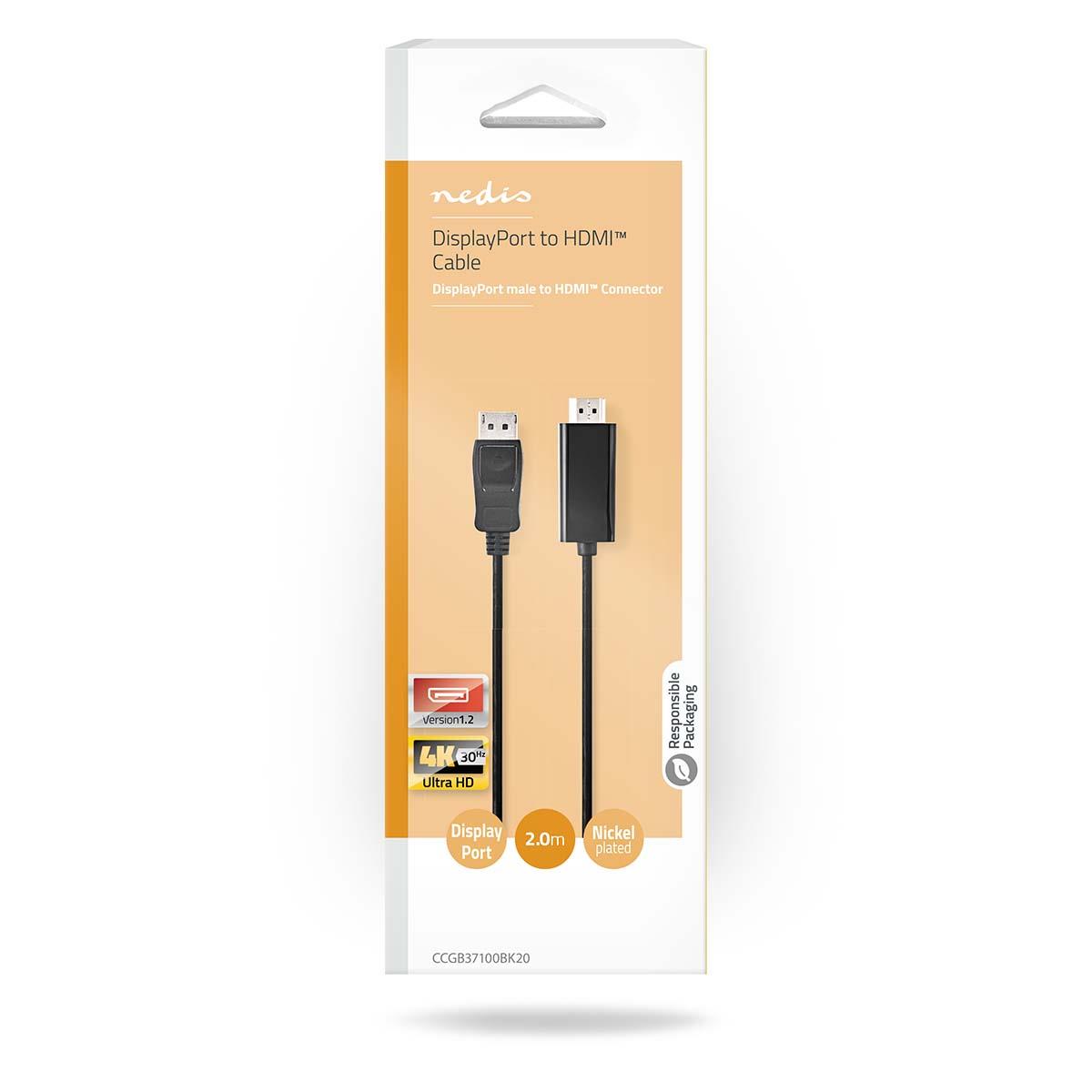 Nedis DisplayPort Cable | DisplayPort Male | HDMI™ Connector | 4K@30Hz | Nickel Plated | 2.00 m | Round | PVC | Black | Box