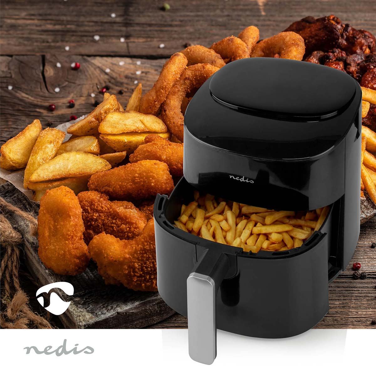 Nedis 4.2L Hot Air Fryer XXL for Healthy Low Fat Cooking, with Adjustable Temperature, Digital Display Control, 8 Presets and 240 Minute Timer, 1300W - Black