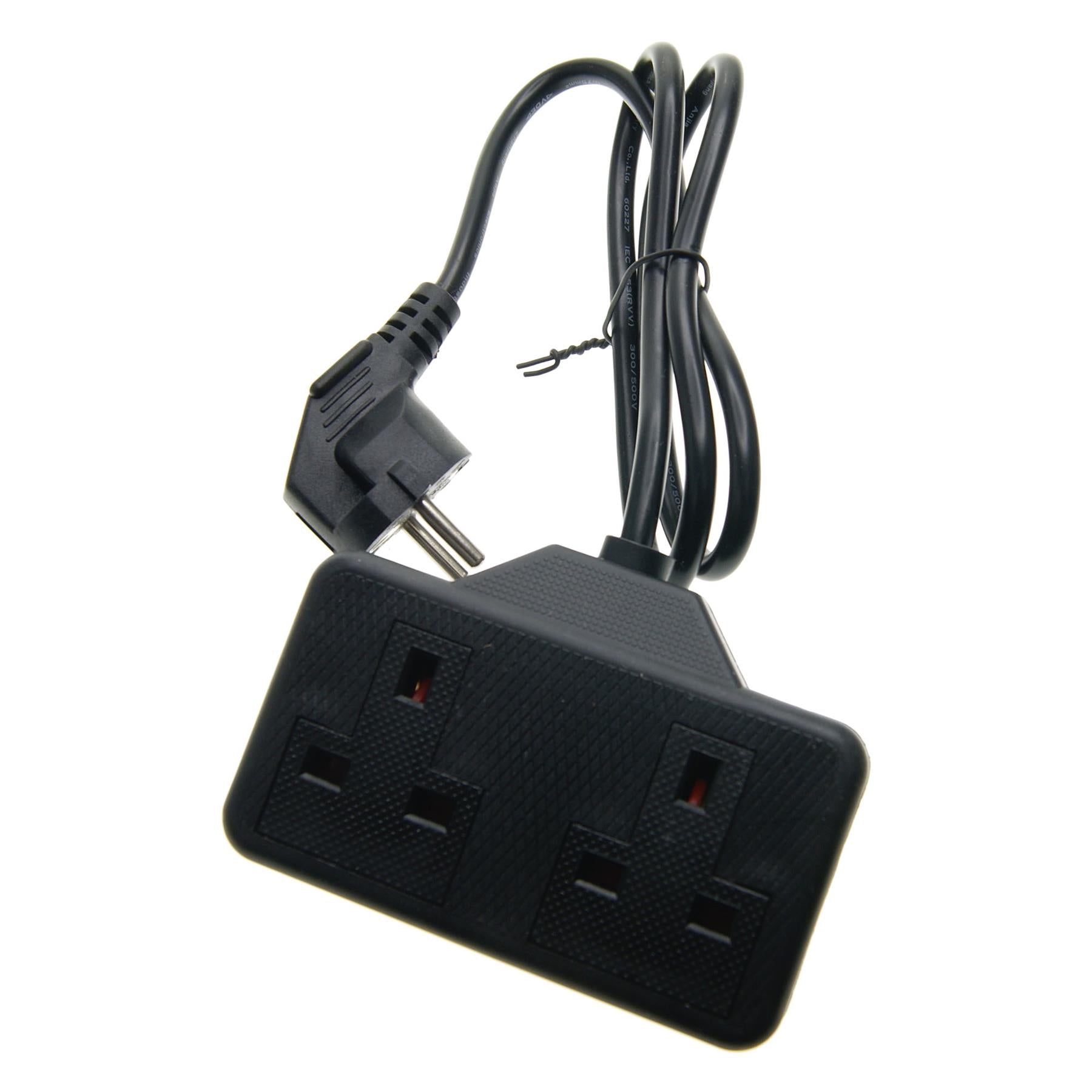 Euro EU French 0.8m Schuko Plug to 2 Gang Black 13A UK Socket Hybrid Generator Adapter Fly Lead for Caravan Motor Home