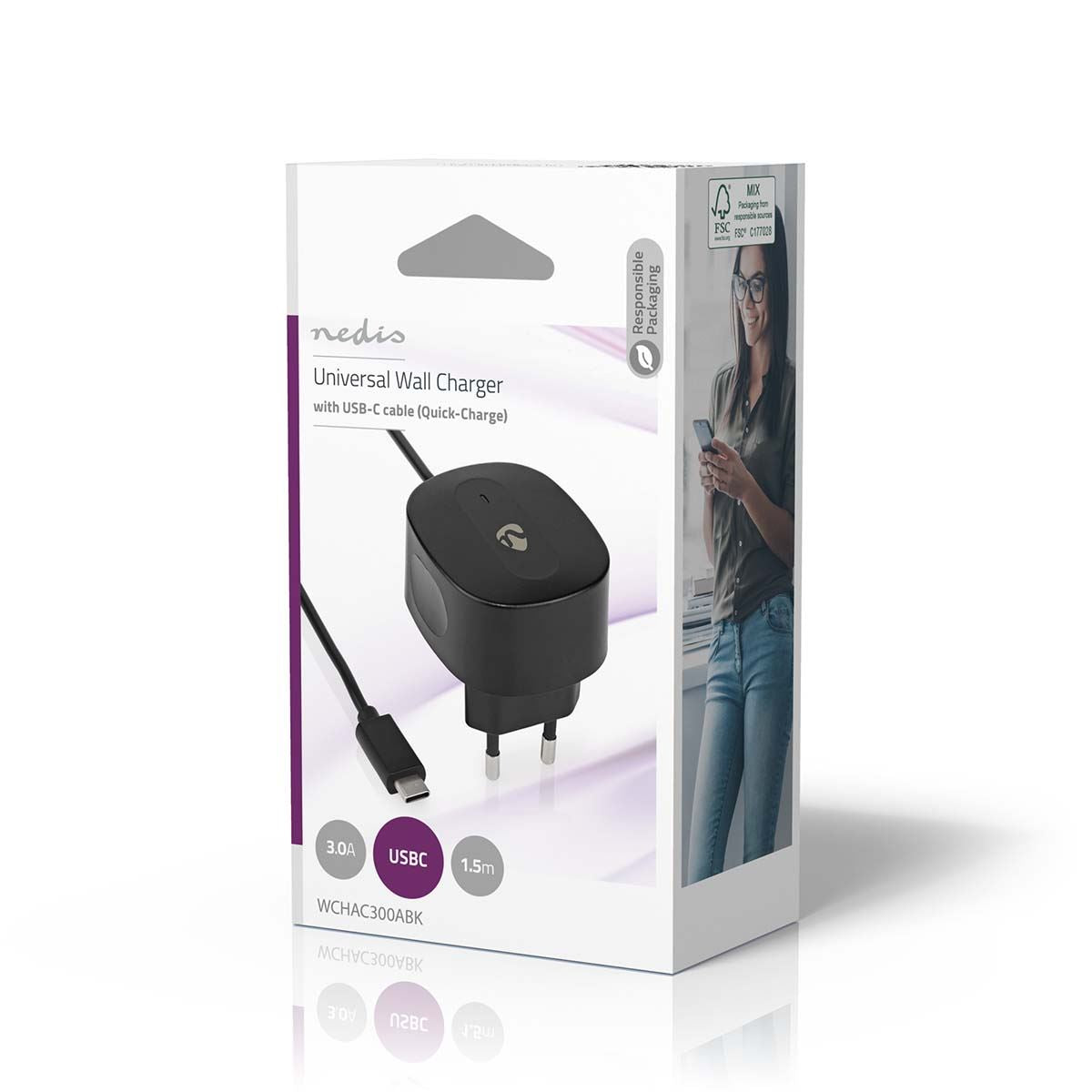 Nedis EU Euro Travel Wall Charger | 15 W | Quick charge feature | 1x 3.0 A | Number of outputs: 1 | USB-C™ (Fixed) Cable | 1.50 m | Single Voltage Output | Black