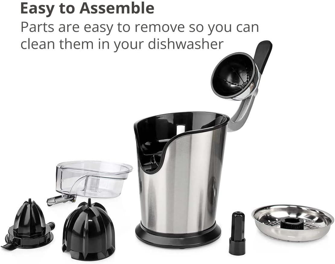 Nedis Electric Citrus Press Juicer Squeezer, 100W Motor, with 2 x Interchangeable Cones, and Anti-Drip Easy Pour Spout