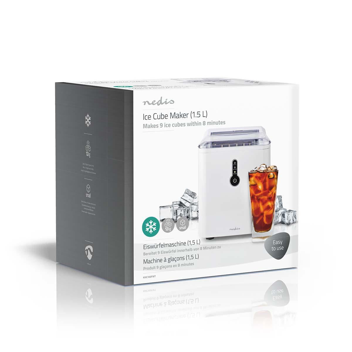 Nedis Ice Maker, Countertop Machine With 1.6L Tank, Up to 12 kg of Ice in 24hrs, Includes Removable Basket, Produces Ice Cubes in 8 Minutes - White