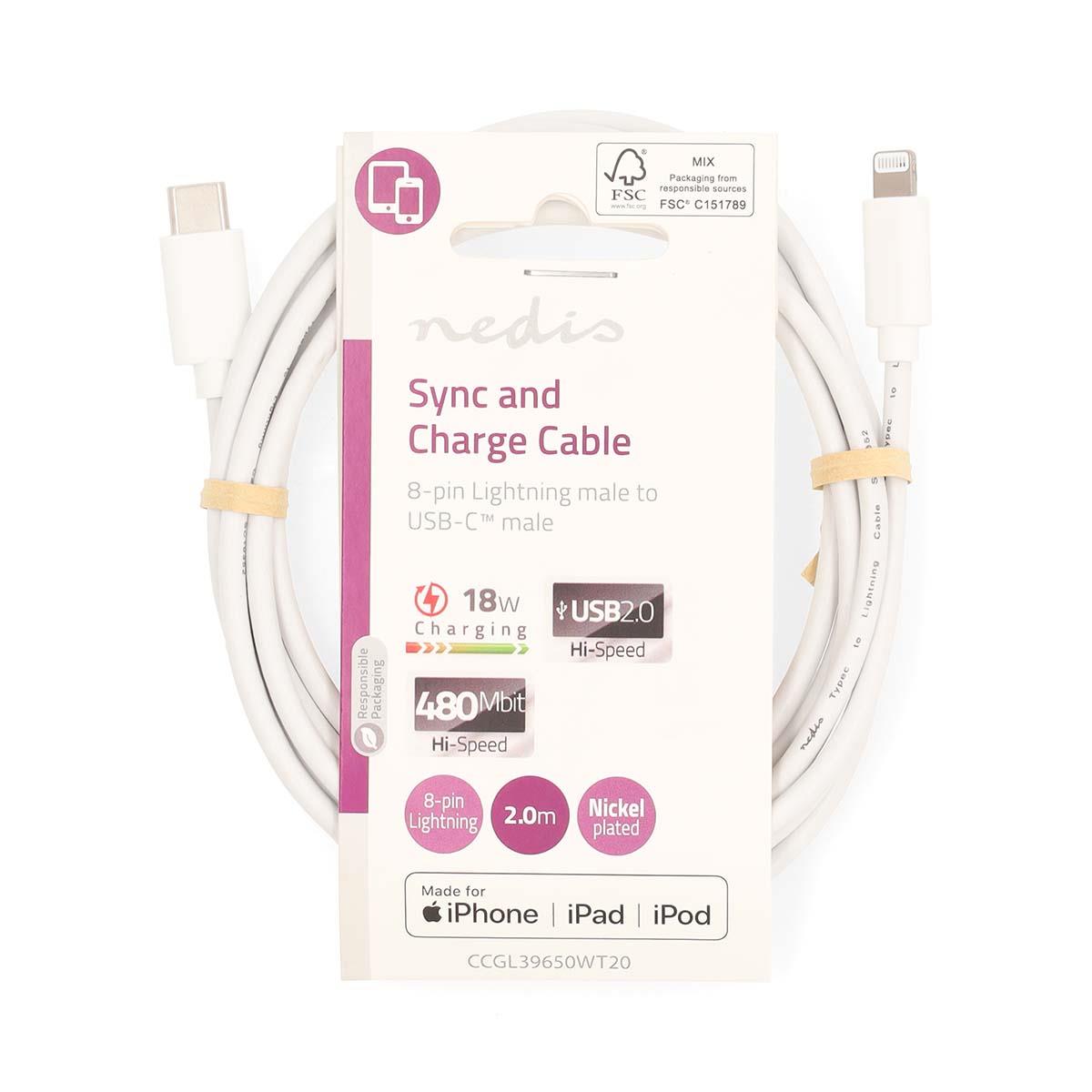 Nedis Lightning Cable | USB 2.0 | Apple Lightning 8-Pin | USB-C™ Male | 480 Mbps | Nickel Plated | 2.00 m | Round | PVC | White | Label