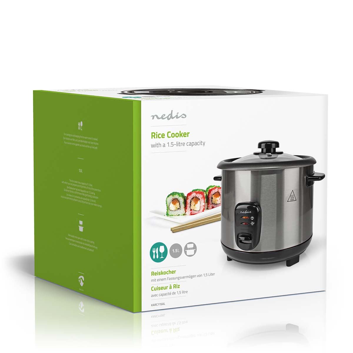 Nedis Rice Cooker, 1.5L, 500W, Cooks Up to 5 Portions, Non-Stick Removable Bowl, Auto Shut-Off & Keep Warm Function, Easy Family Meals, Stainless Steel � Silver