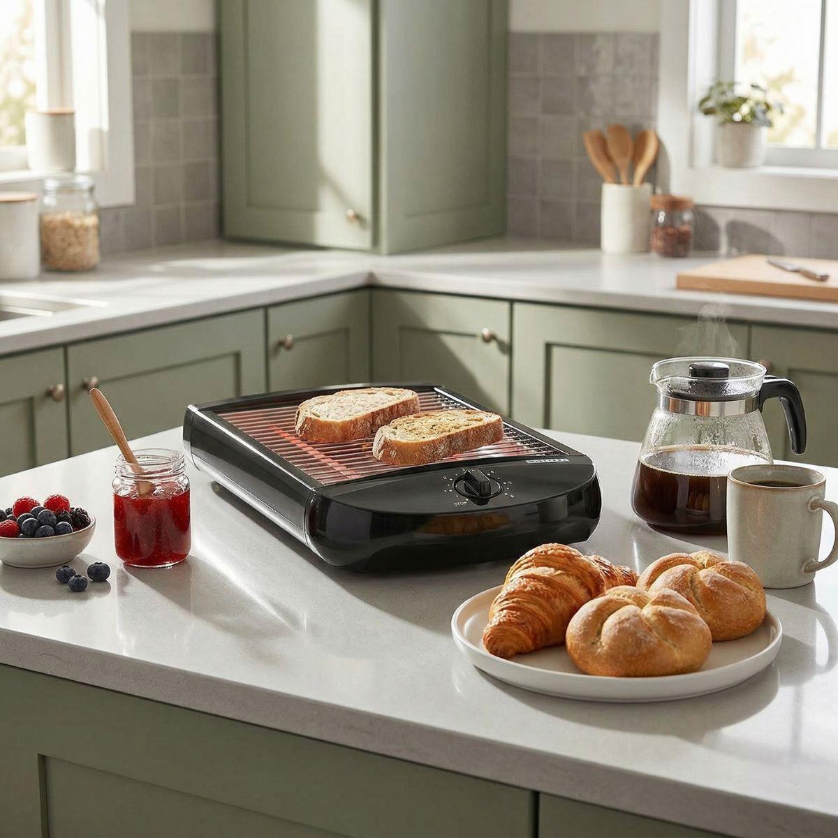 MELISSA Flat Toaster all types of Bread / Baked Goods, 600W, Timer with 6 Toast Levels, Buzzer and Crumb Tray - Black
