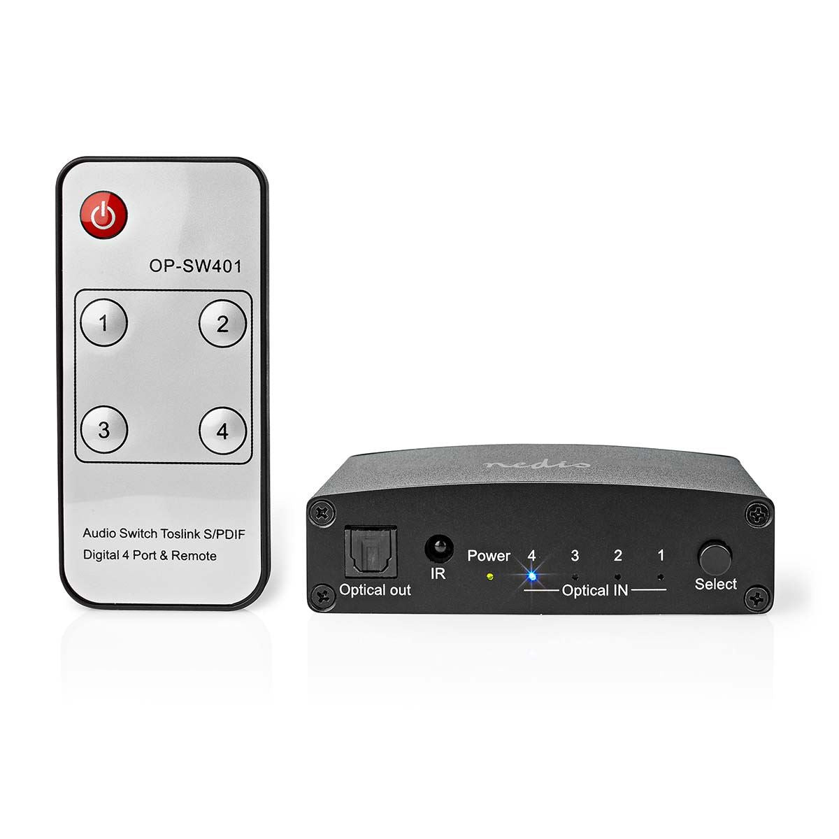 Nedis Digital Audio Switch | 4-way | Connection input: DC Power / 4x TosLink to Connection output: TosLink Female | Manual / Push Button / Remote Control | Metal | Black