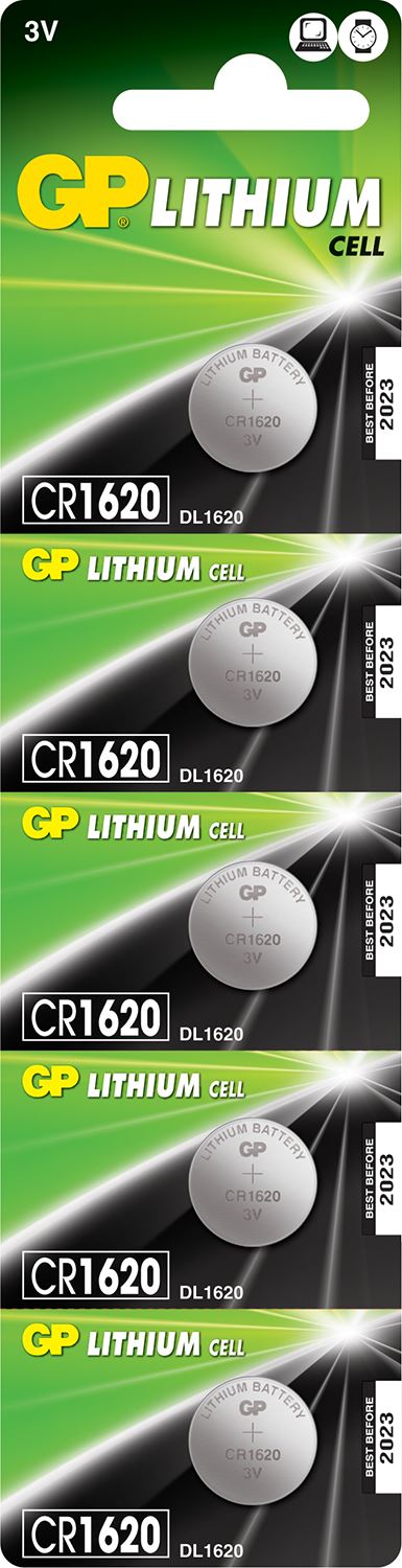Gp CR1620 Battery 3V 78mAh 2.0x16.0mmØ 5 Pack