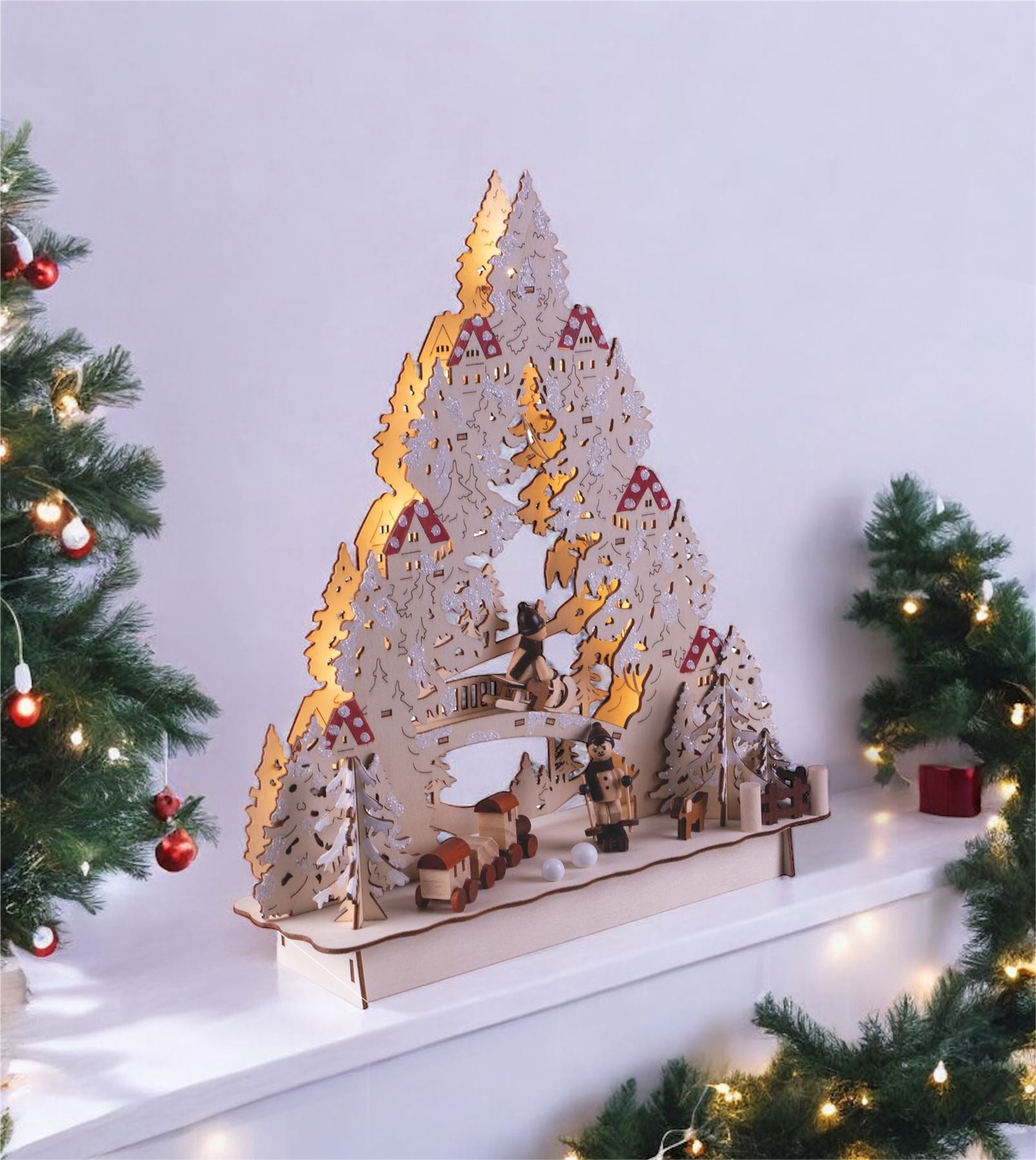 Wooden LED Light Up Festive Christmas Tree Village Scene Battery Powered