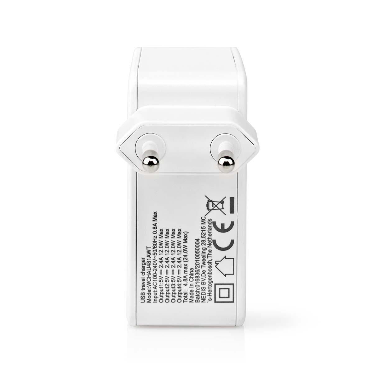 Nedis EU Euro Travel Wall Charger | 24 W | Quick charge feature | 4x 2.4 A | Number of outputs: 4 | 4x USB-A | No Cable Included | Single Voltage Output | White