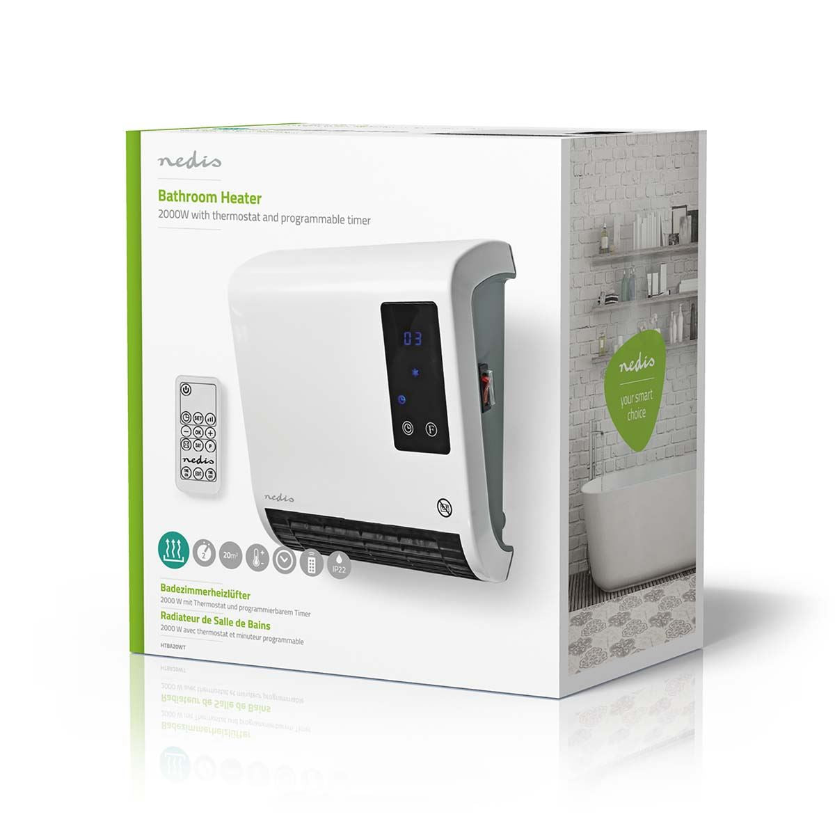 Nedis Bathroom Fan Heater, 2kW, Wall Mounted, with LED Display, 2 Heat Power Settings, 7 Day Timer and Remote Control, White