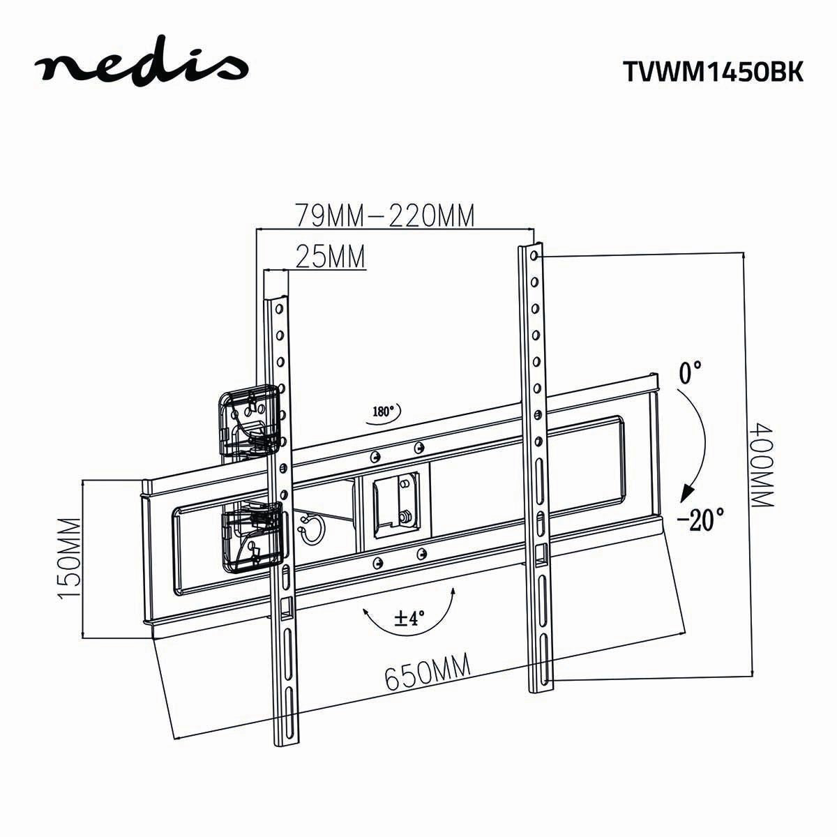 Nedis Full Motion TV Wall Mount | 37 - 70 " | Maximum supported screen weight: 35 kg | Tiltable | Rotatable | Minimum wall distance: 79 mm | Maximum wall distance: 220 mm | 2 Pivot point(s) | ABS / Steel | Black