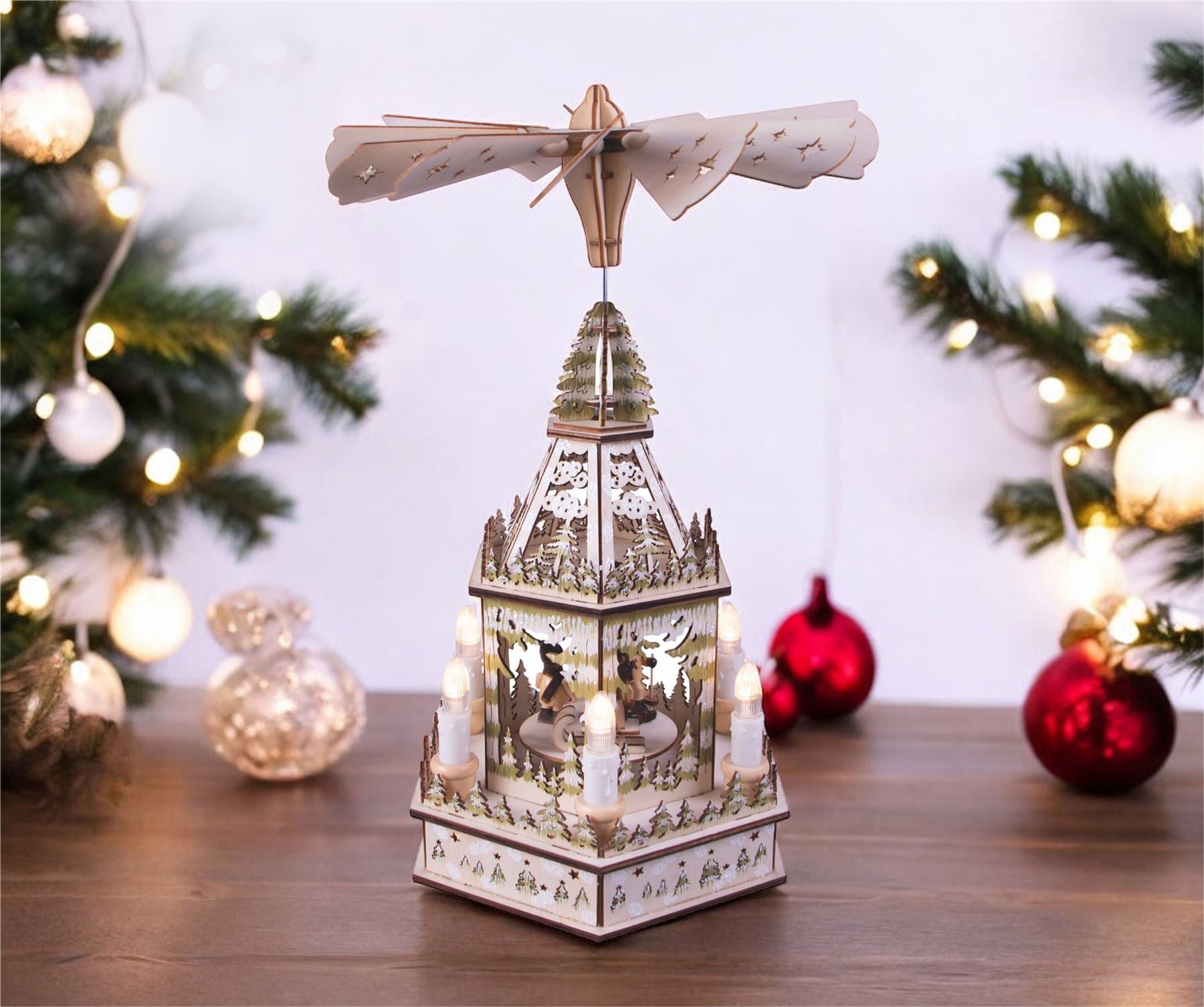 Traditional German 1 Tier Rotating Wooden Christmas Pyramid with 6 LED Candle Lights Battery Powered