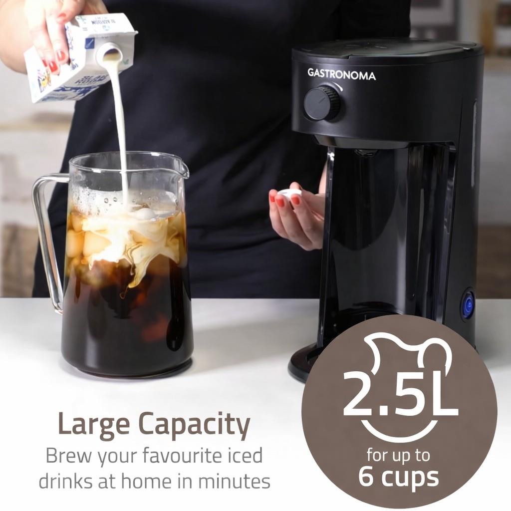 Gastronoma Ice Tea and Iced Coffee Maker - Hot & Cold Brewing with 2.5L Pitcher, 700W Power, Adjustable Strength Dial, Pod-Free Brewing, Dishwasher-Safe, Black