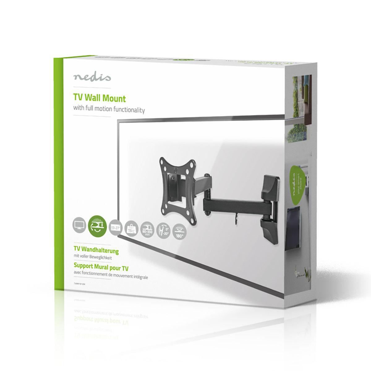 Nedis Full Motion TV Wall Mount | 13 - 27 " | Maximum supported screen weight: 15 kg | Tiltable | Rotatable | Minimum wall distance: 60 mm | Maximum wall distance: 350 mm | 3 Pivot point(s) | ABS / Steel | Black