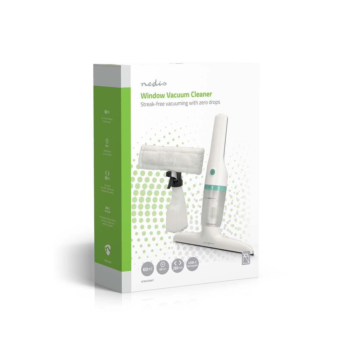 Nedis Window Vacuum Cleaner | 12 W | 1200 Pa | Capacity dirty water tank: 60 ml | Removable dirty water tank | Green / White